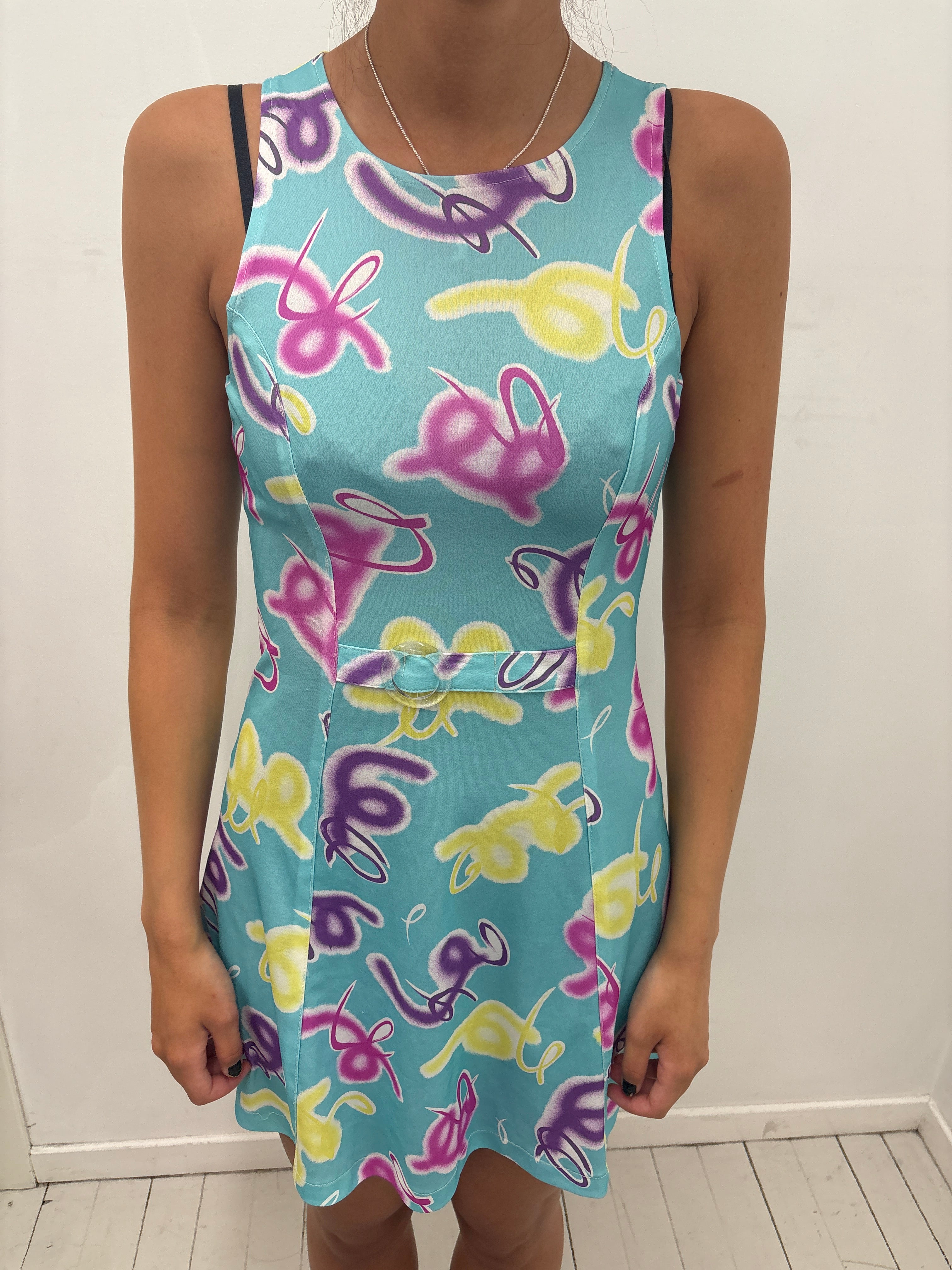 Turquoise Squiggle Print Dress with Belt Detail