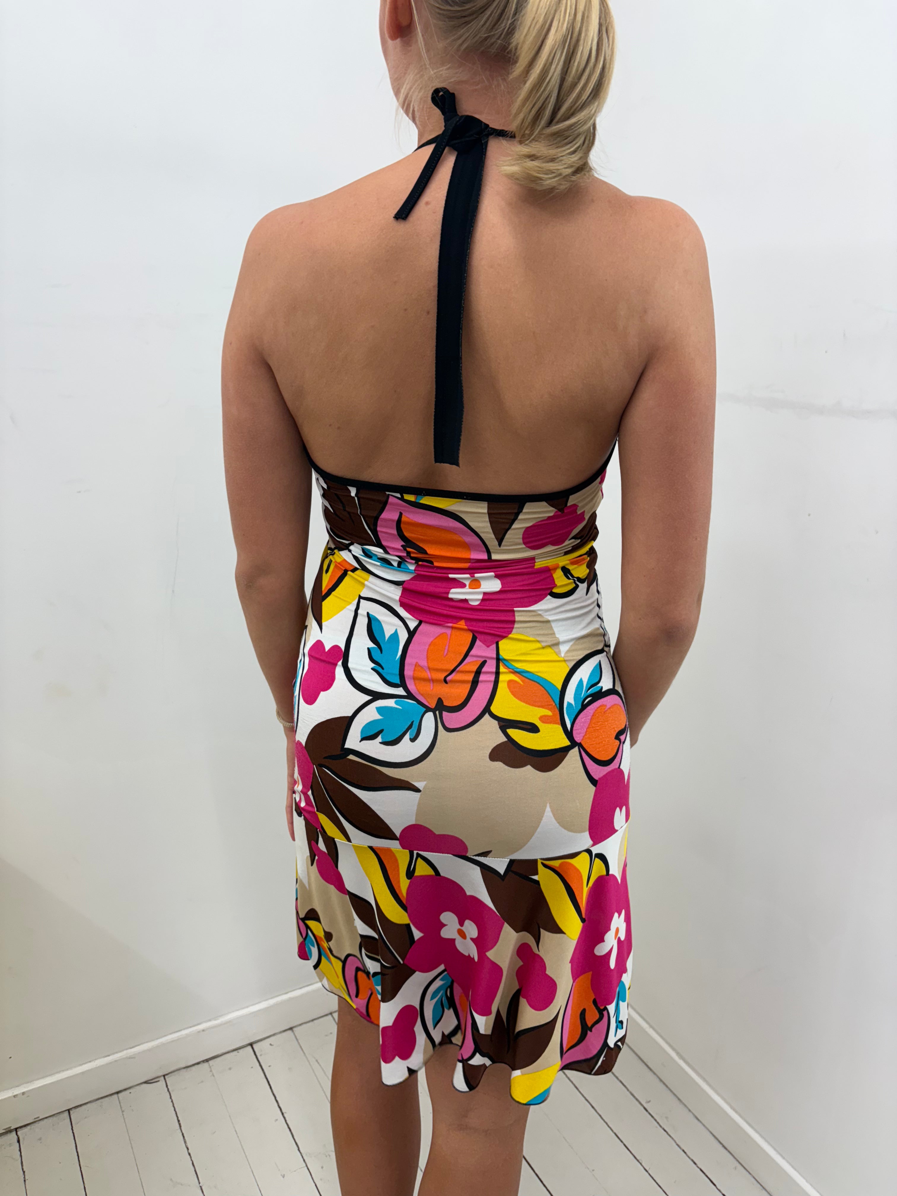 Tropical Floral Halterneck Ruched Mini Dress