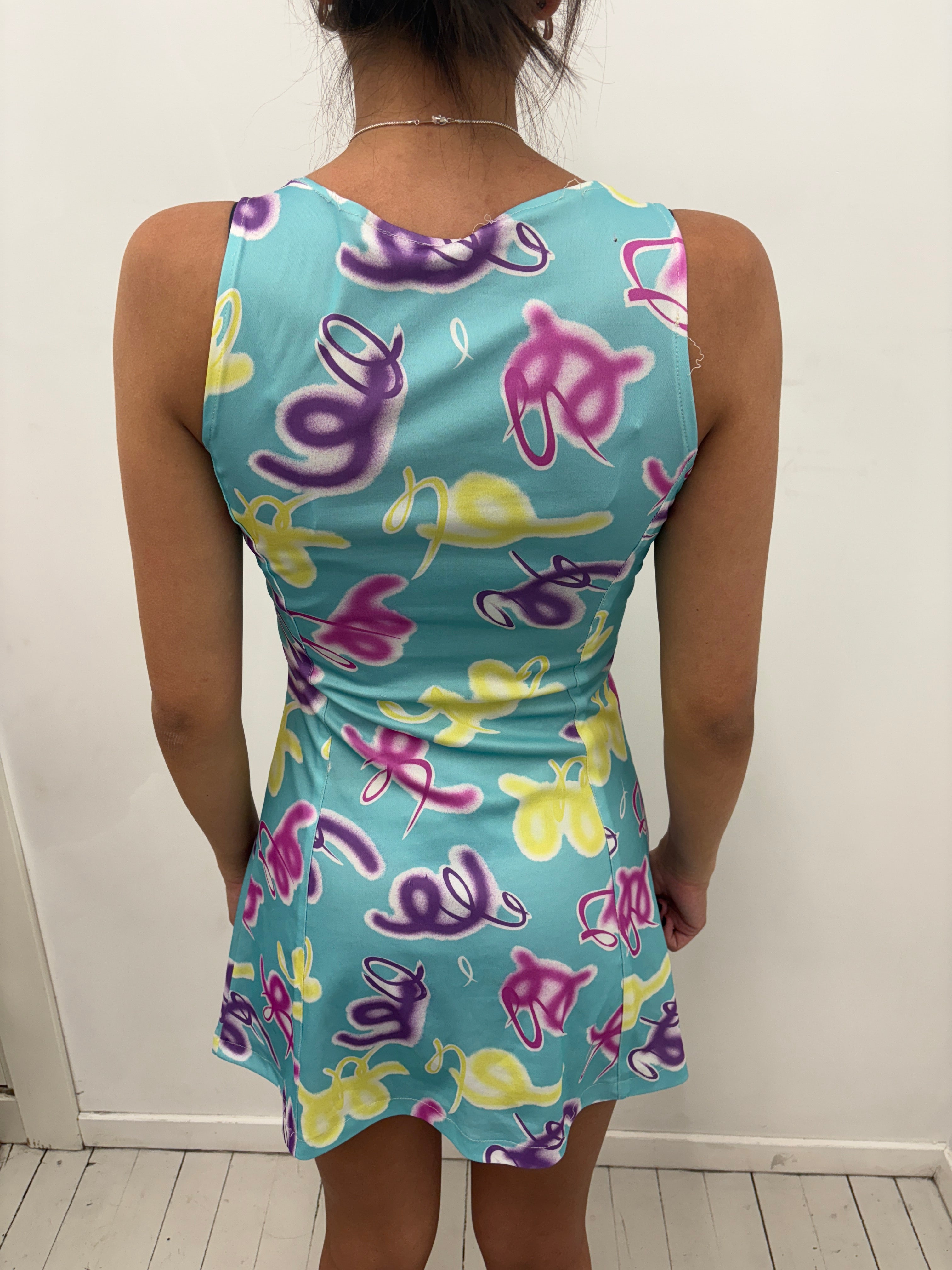 Turquoise Squiggle Print Dress with Belt Detail