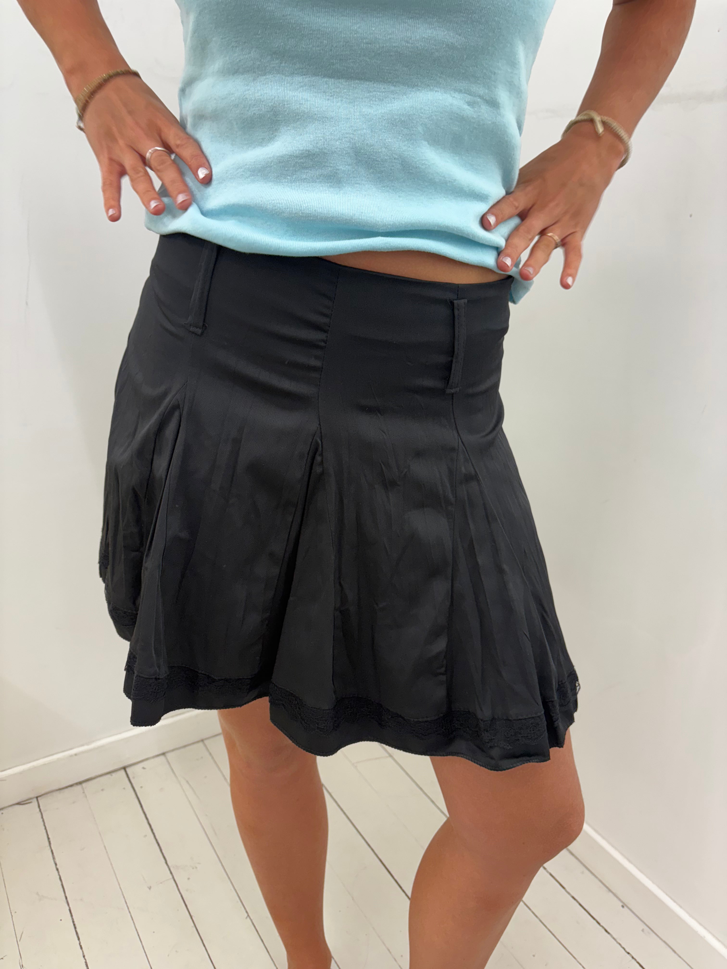 Black Satin Pleated Mini Skirt With Lace Hem Trim