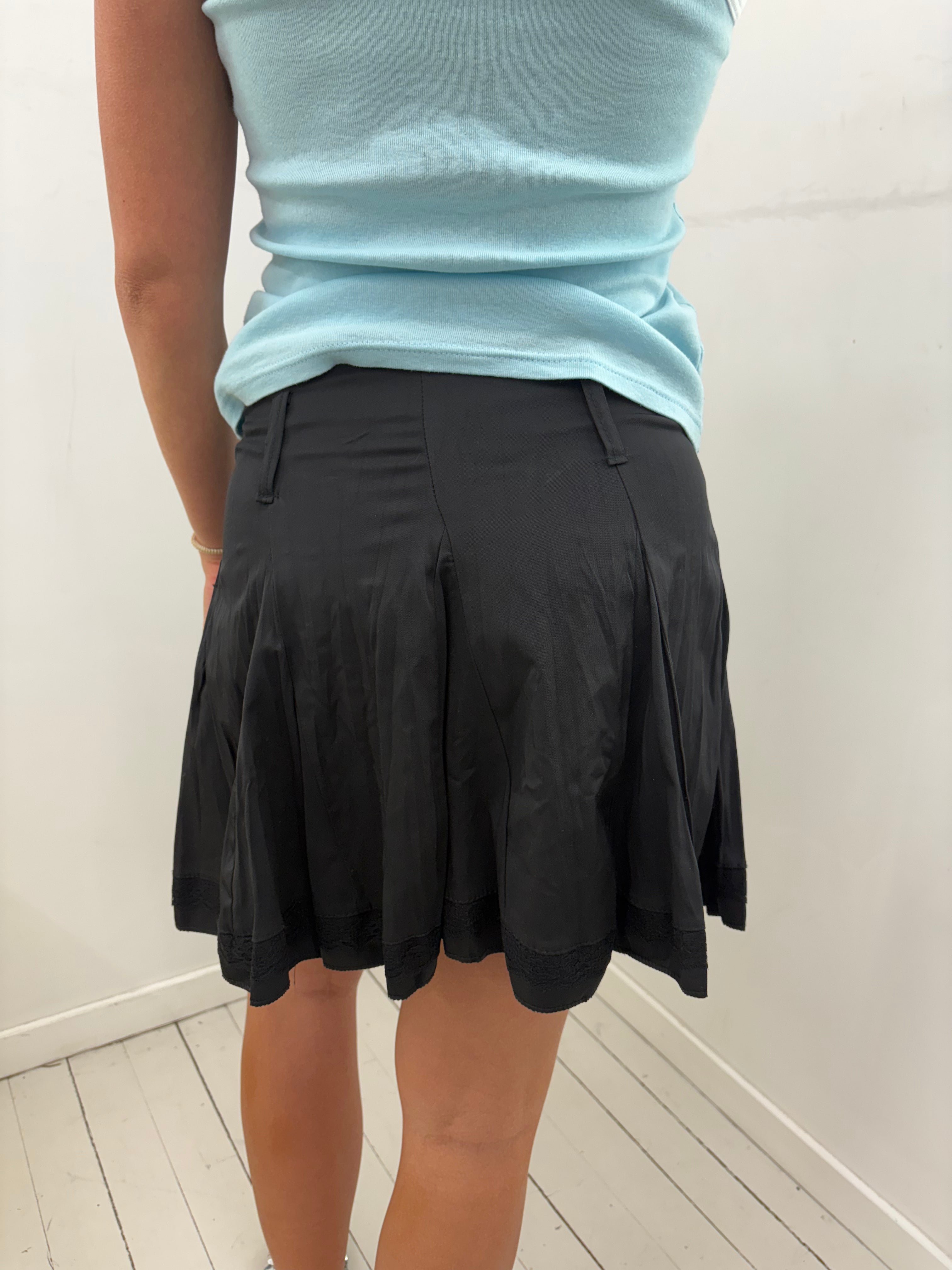 Black Satin Pleated Mini Skirt With Lace Hem Trim
