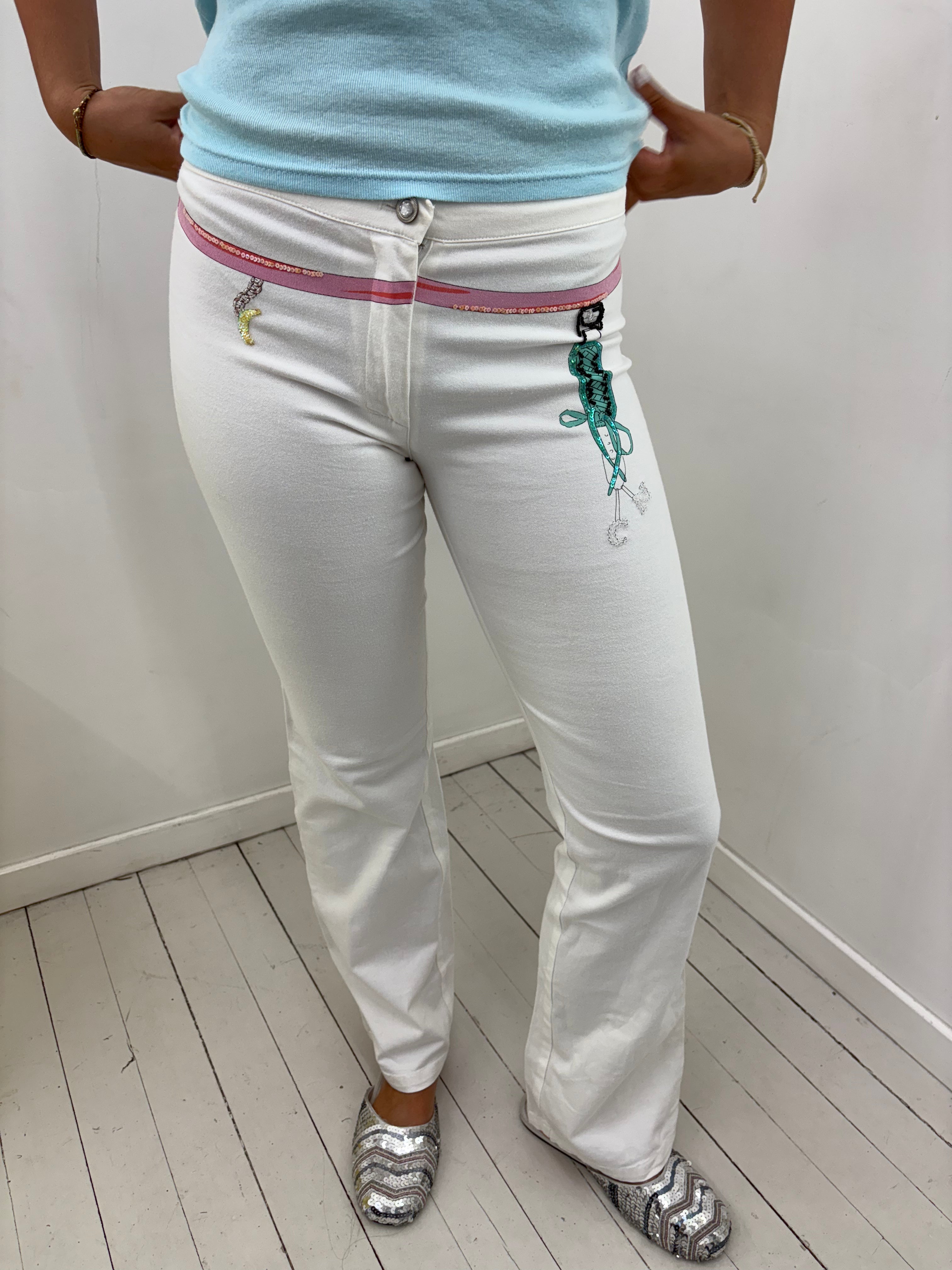 White Low-Rise Embellished Trousers With Sequin Waist