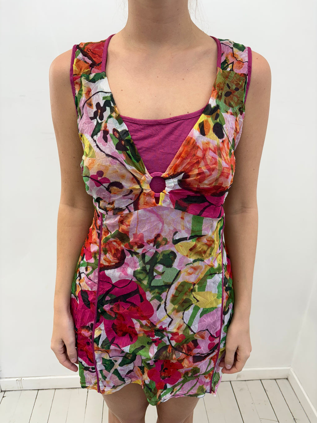 Sheer Floral Layered Ring Detail Mini Dress