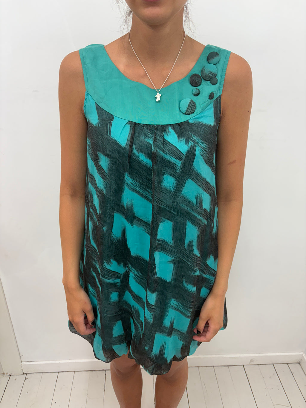 Teal Brushstroke Print Dress with Dot Detail
