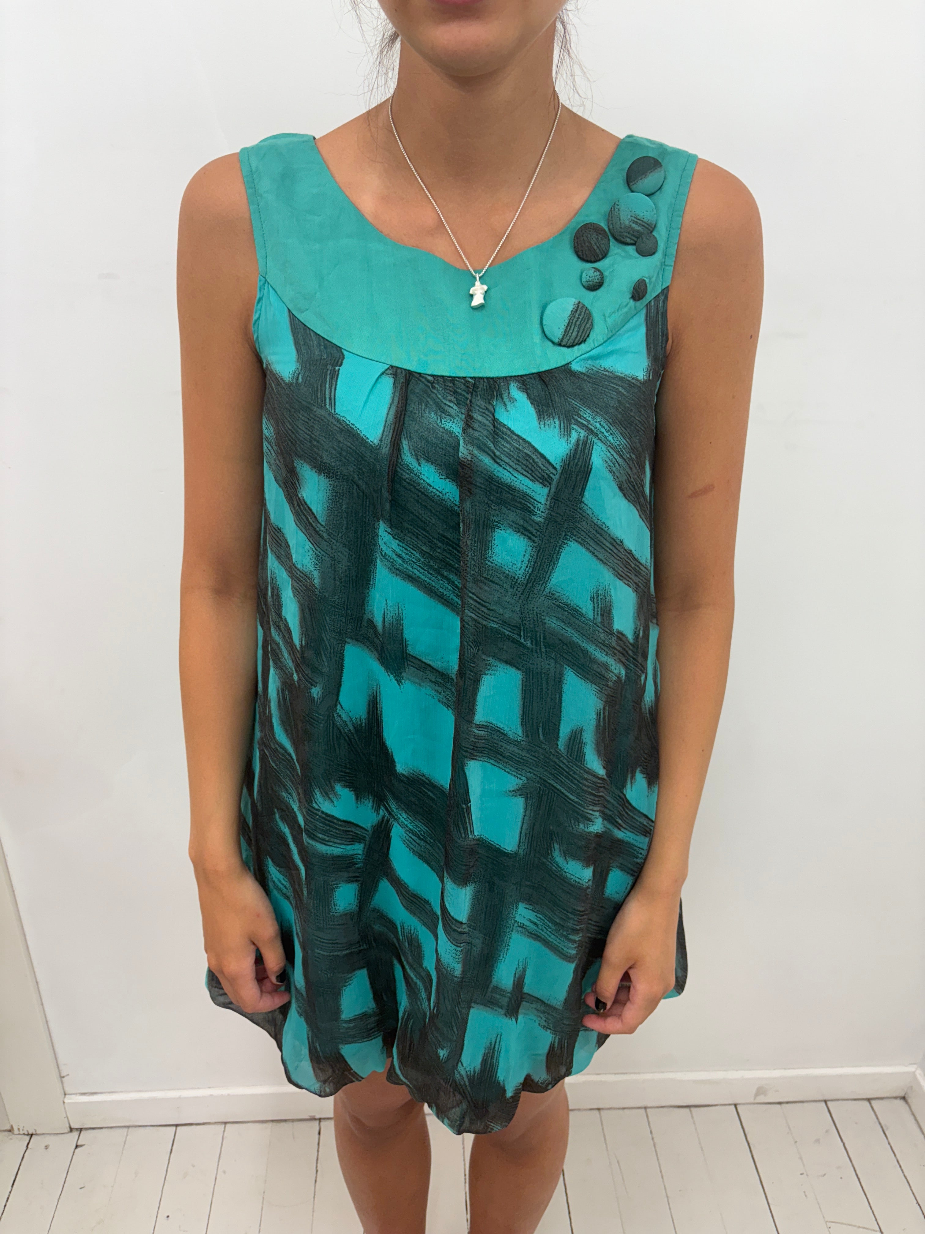 Teal Brushstroke Print Dress with Dot Detail