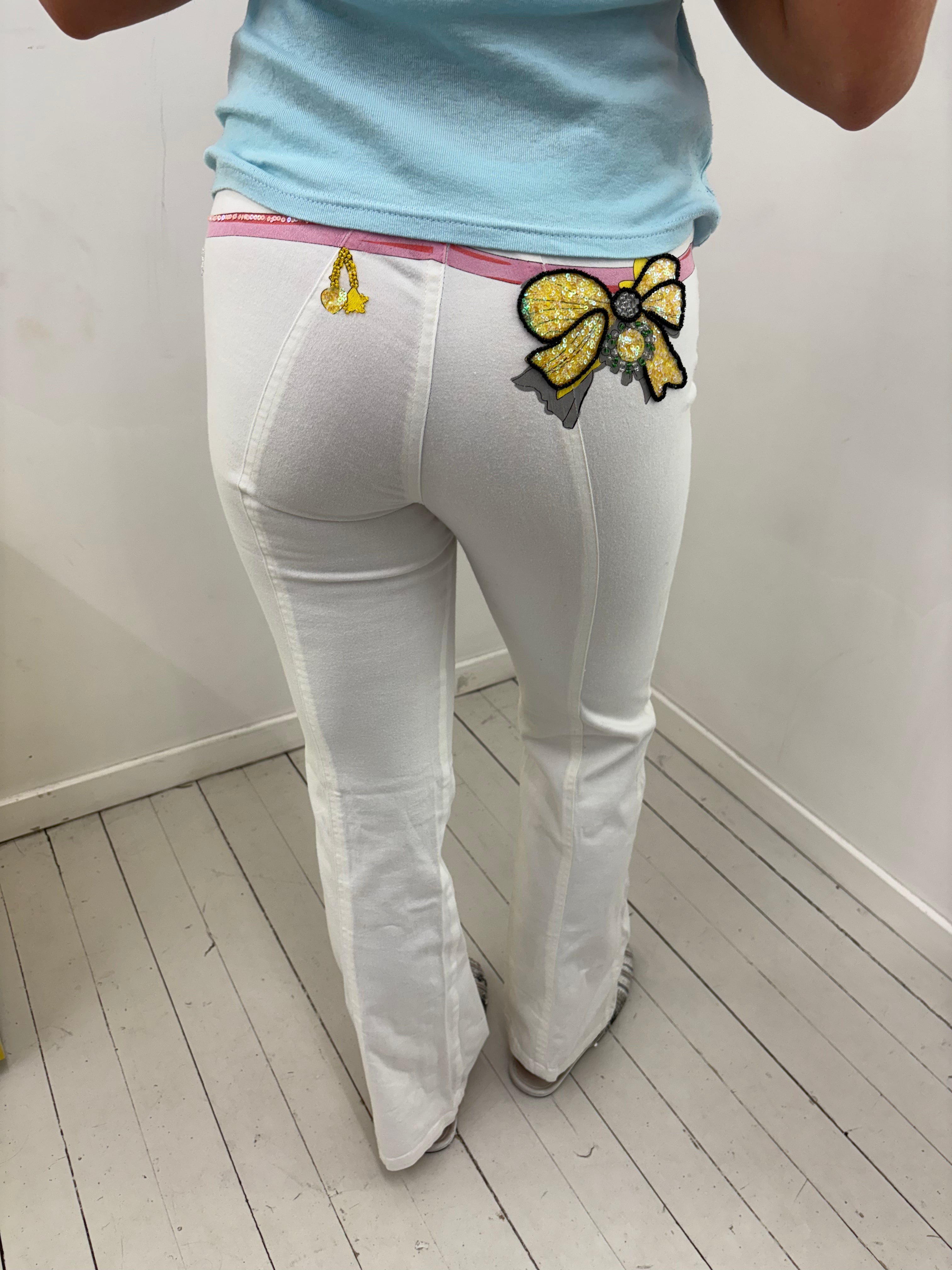 White Low-Rise Embellished Trousers With Sequin Waist