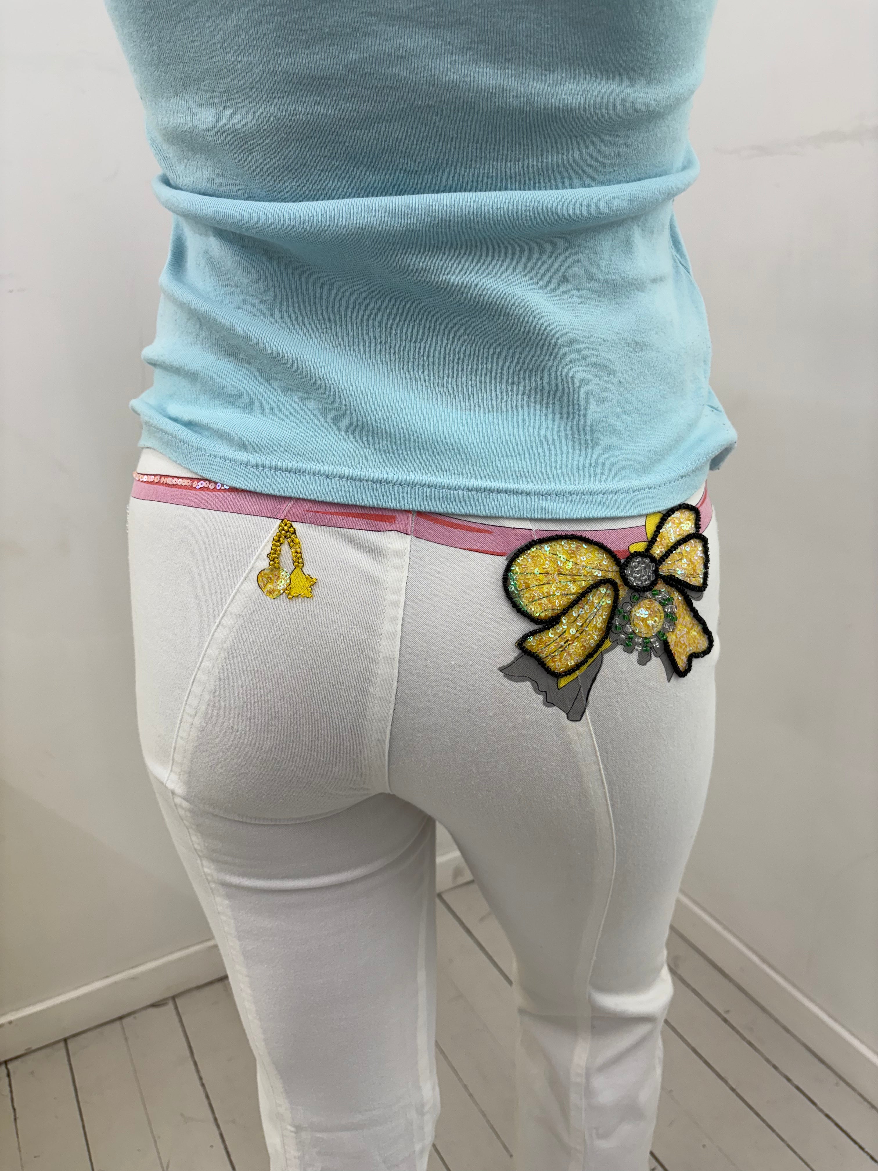 White Low-Rise Embellished Trousers With Sequin Waist