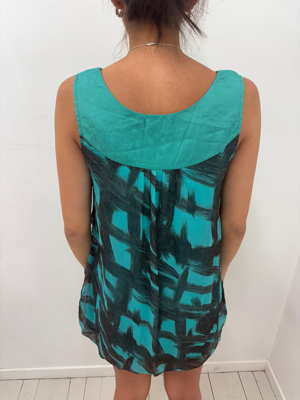 Teal Brushstroke Print Dress with Dot Detail