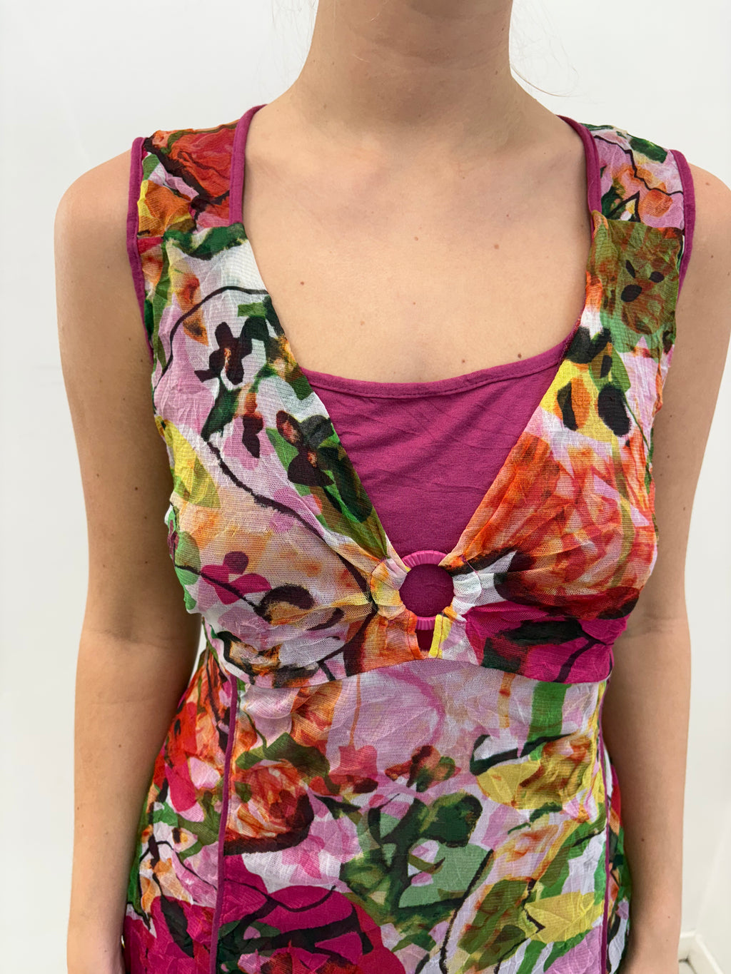 Sheer Floral Layered Ring Detail Mini Dress