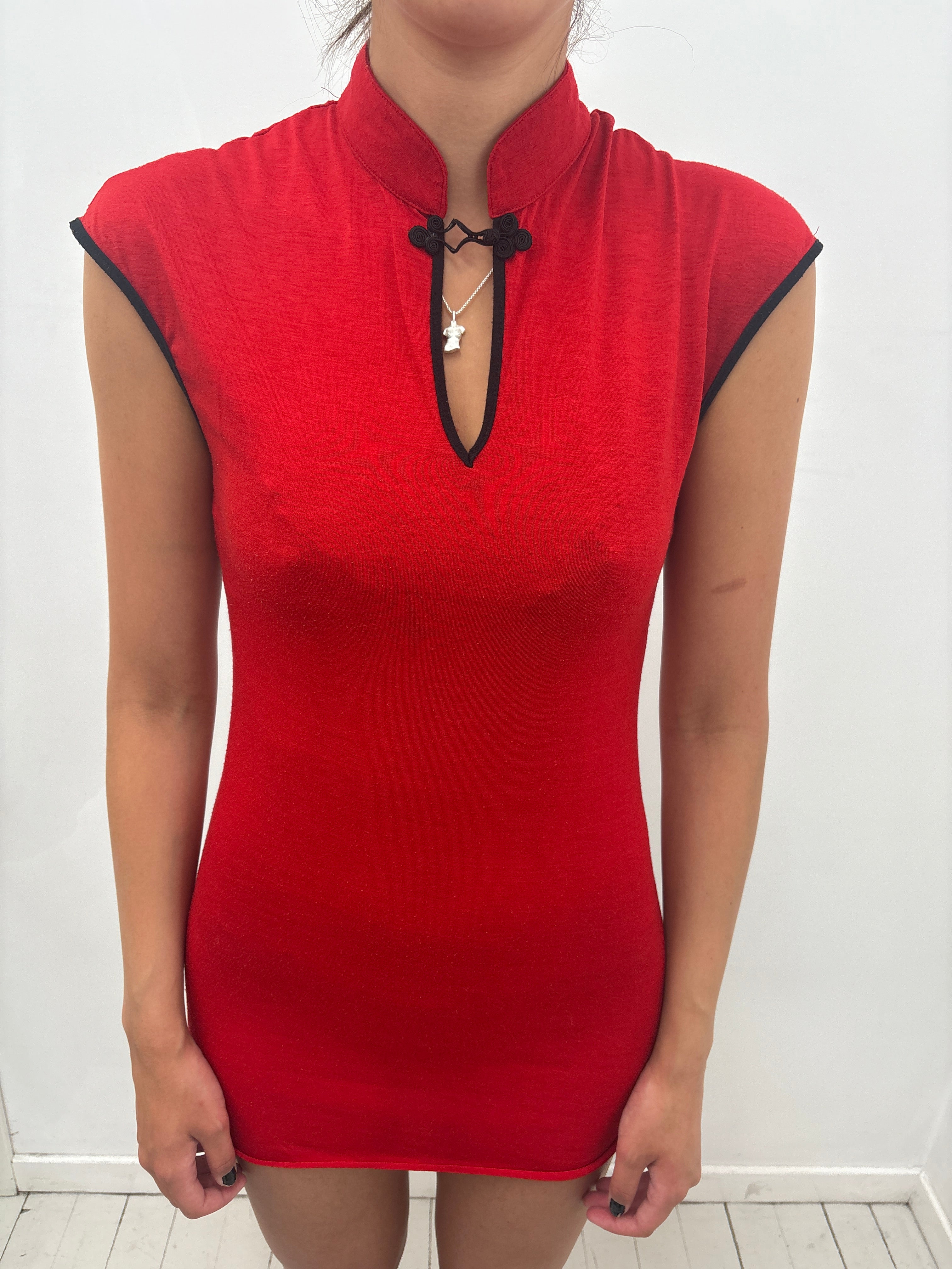 Red Cheongsam Style Dress Frog Closure Y2K