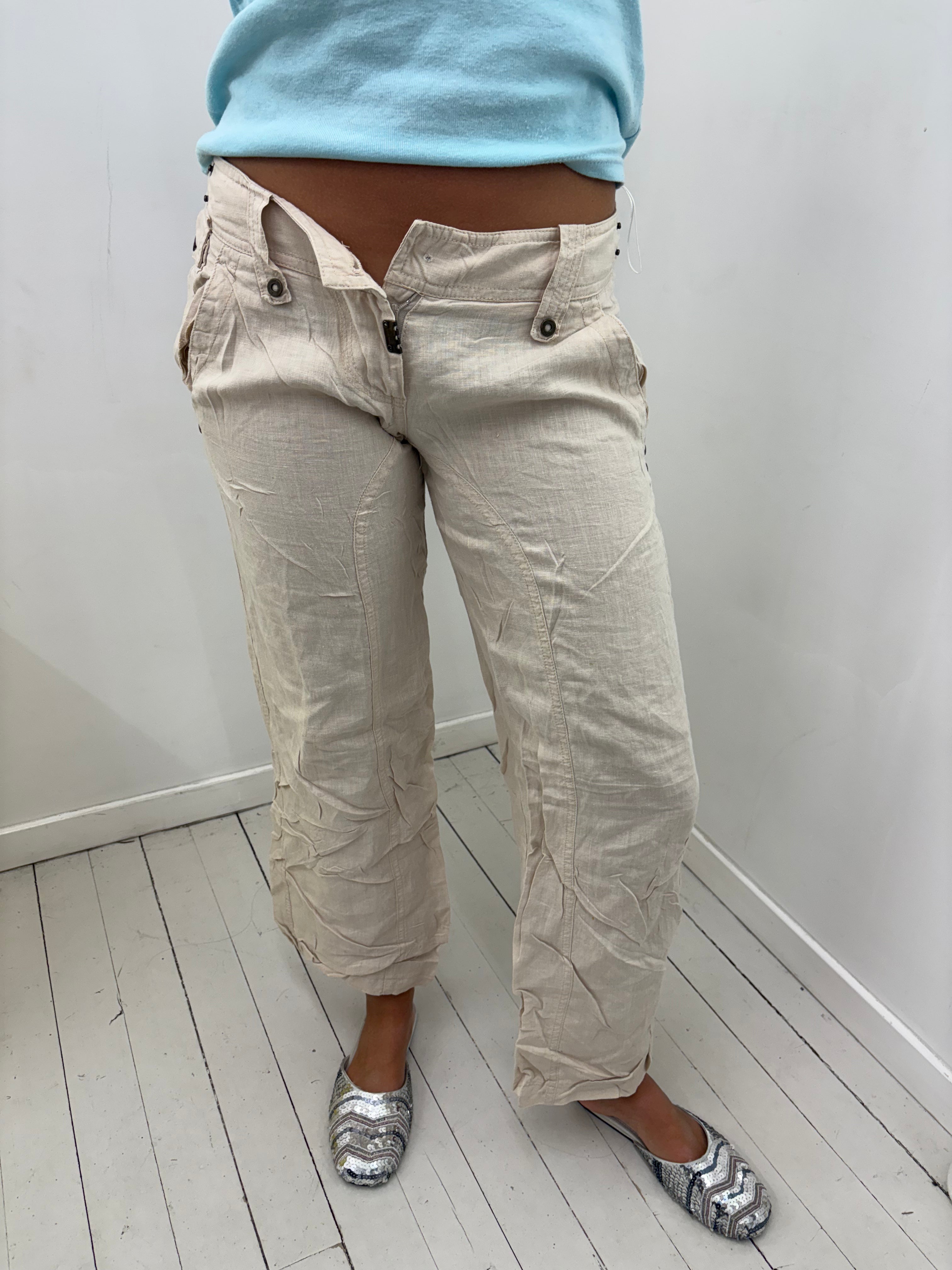 Cream Low-Rise Linen Trousers With Button Waist Detail
