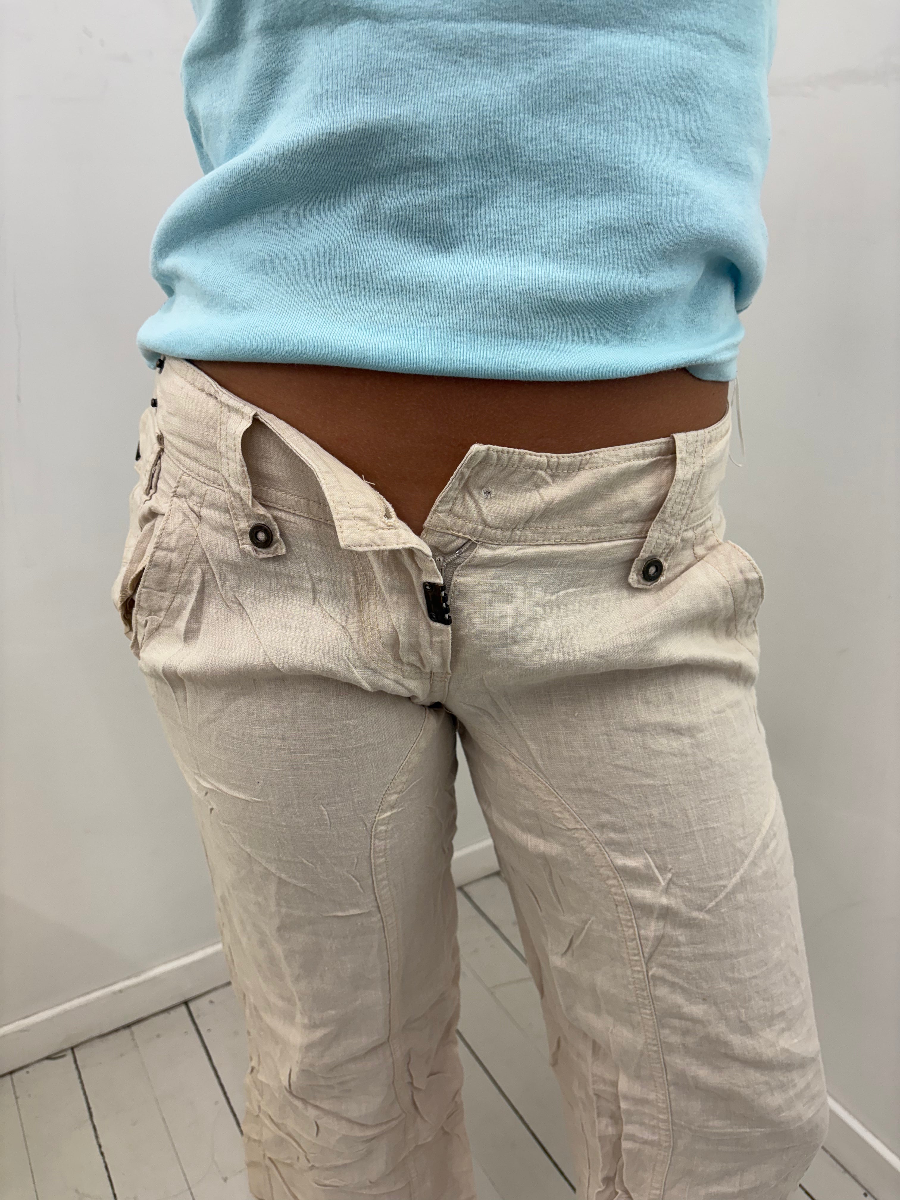 Cream Low-Rise Linen Trousers With Button Waist Detail