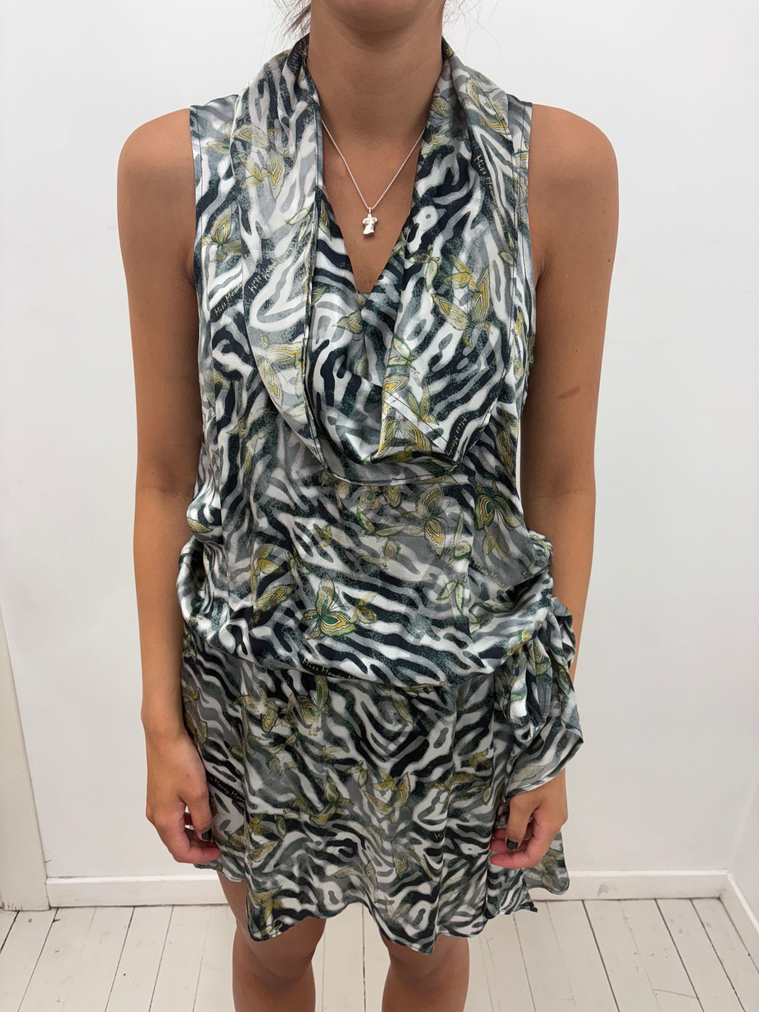 100% Silke Zebra Butterfly Print Satin Dress Y2K