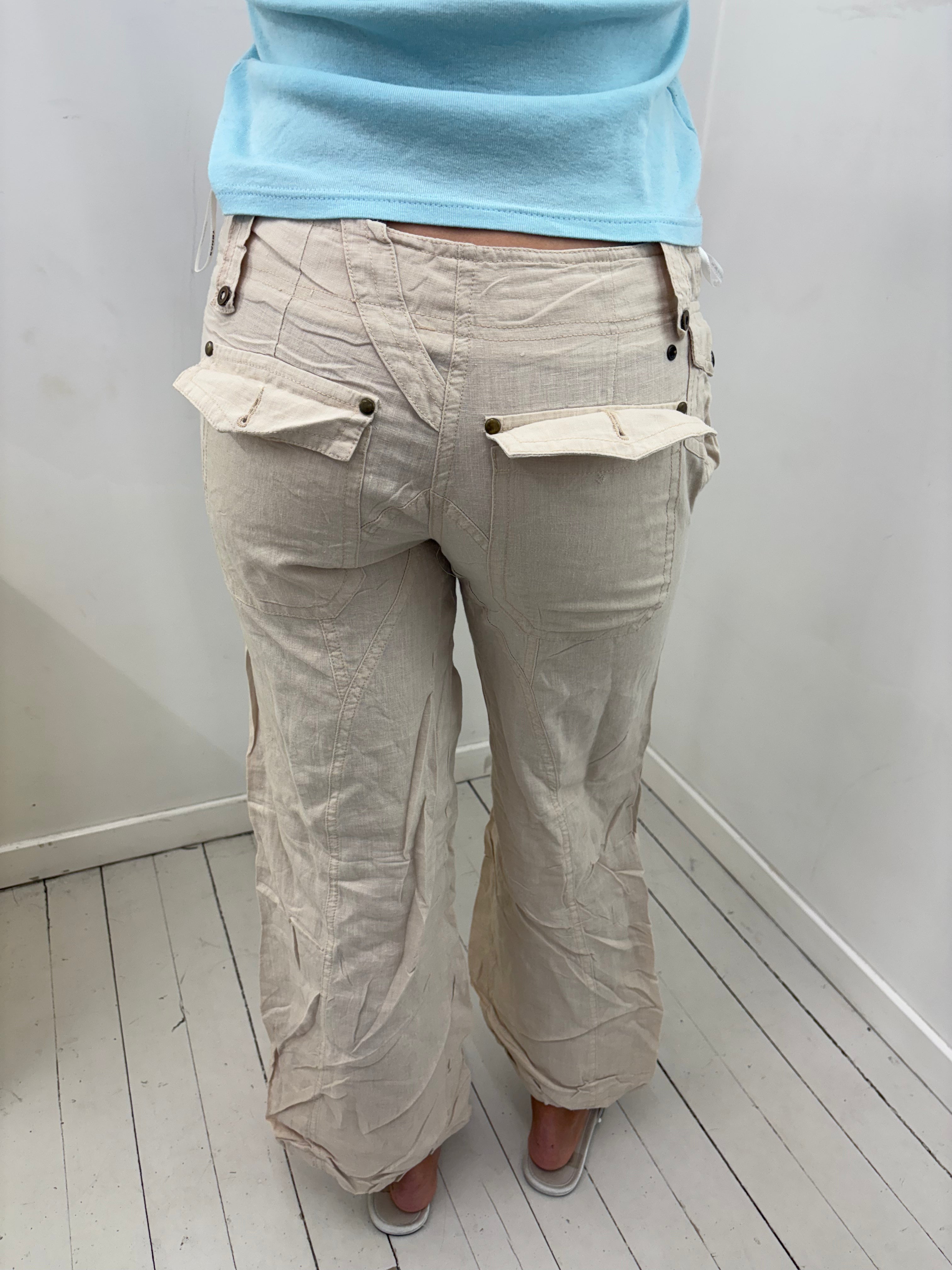 Cream Low-Rise Linen Trousers With Button Waist Detail