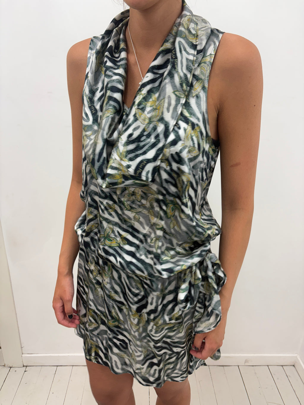 100% Silke Zebra Butterfly Print Satin Dress Y2K