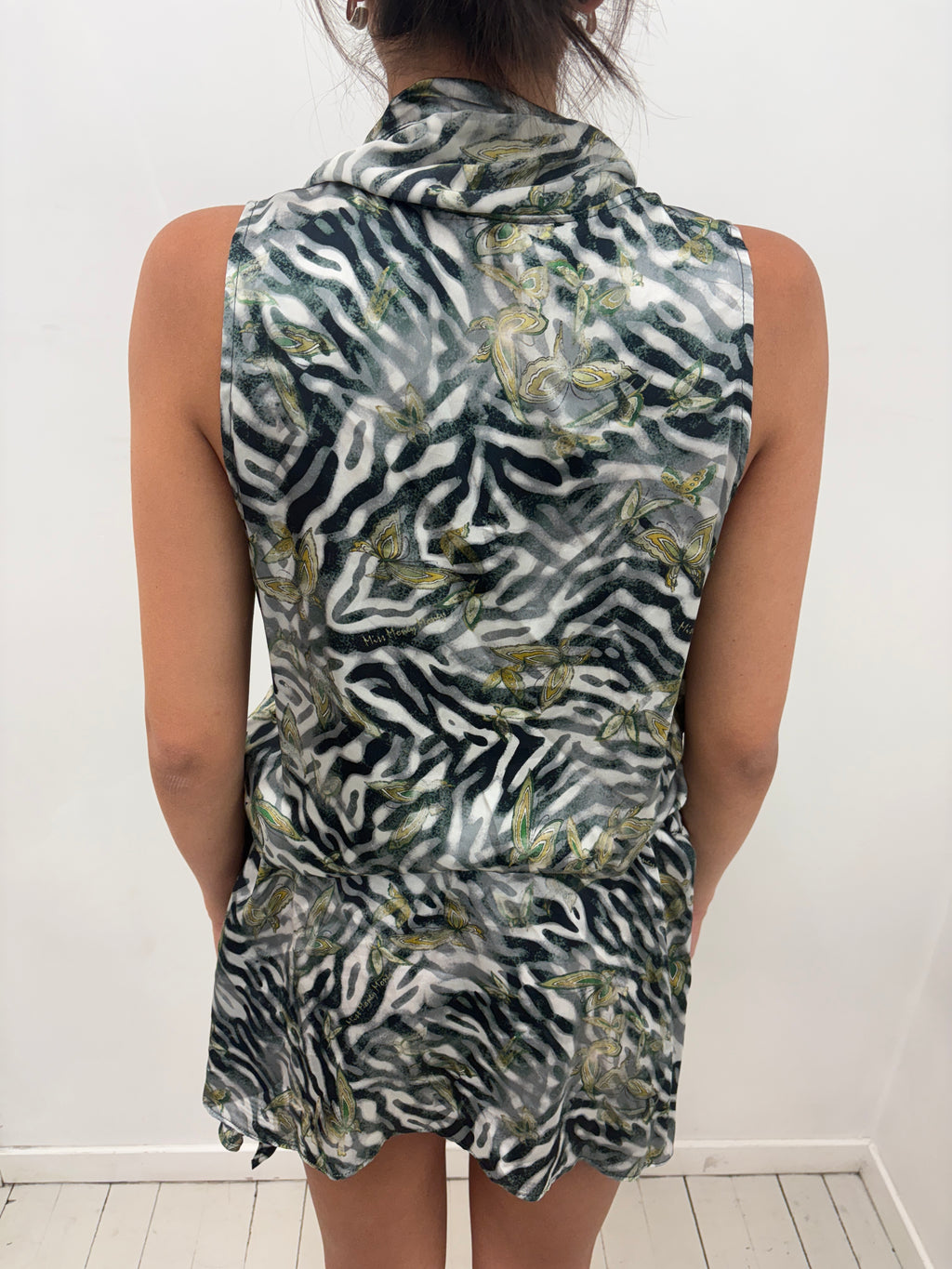 100% Silke Zebra Butterfly Print Satin Dress Y2K