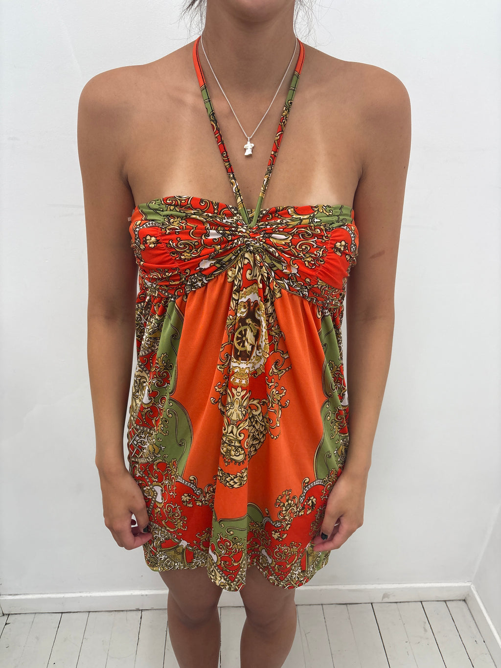 Baroque Print Halter Mini Dress Y2K