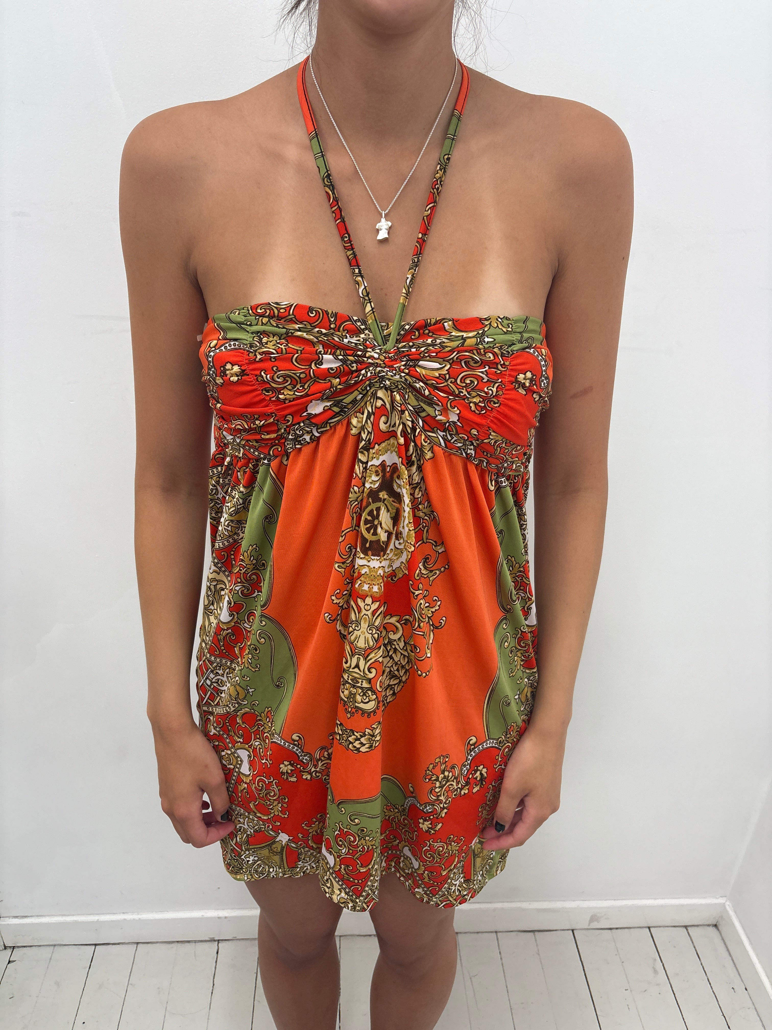 Baroque Print Halter Mini Dress Y2K