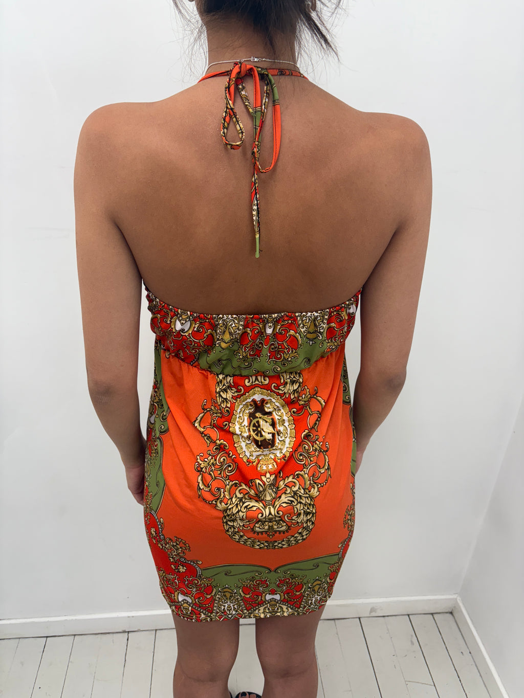 Baroque Print Halter Mini Dress Y2K