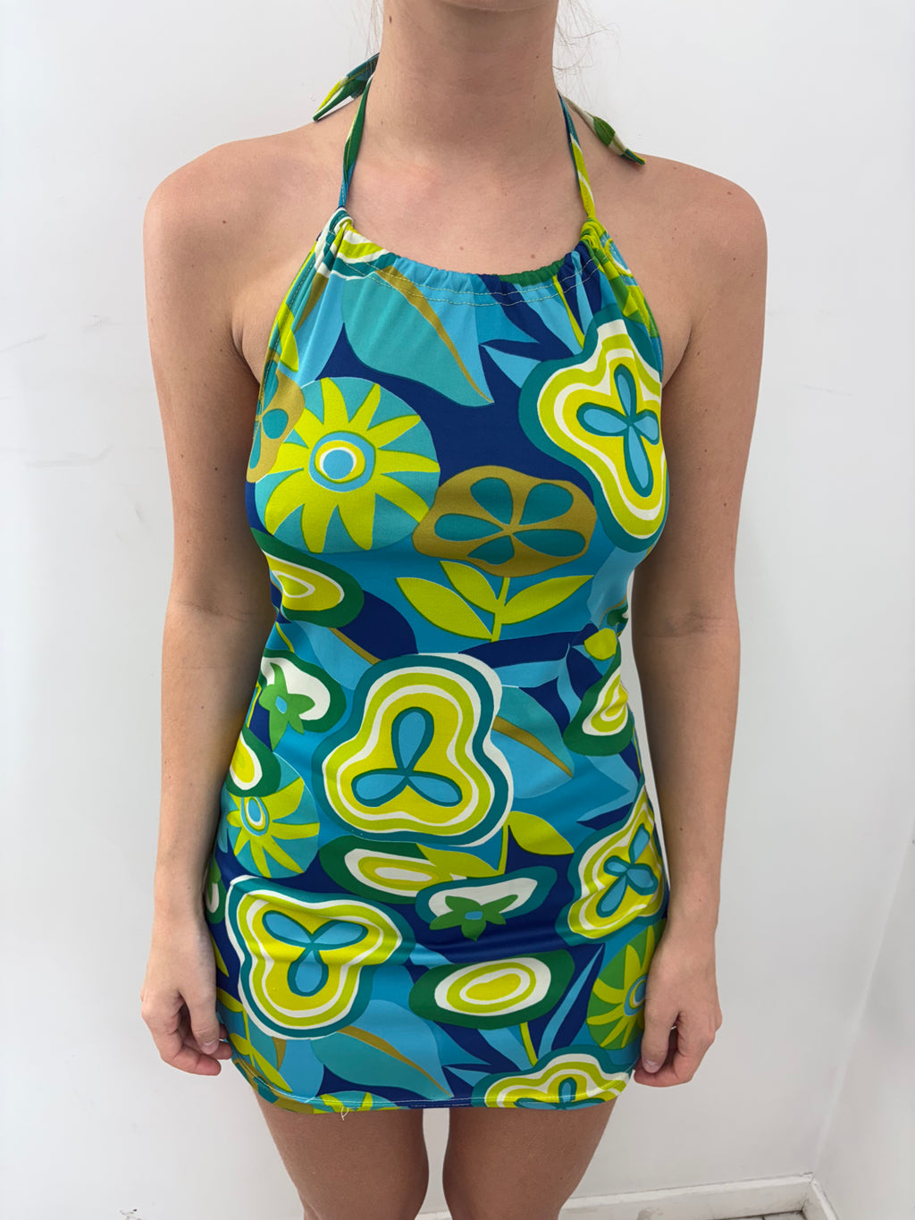 Retro Blue Green Halter Mini Dress