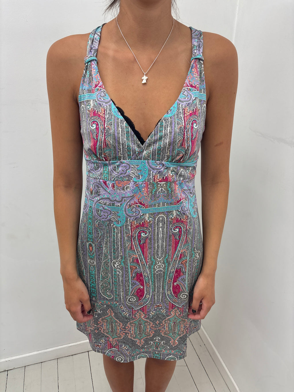 Paisley Print Slip Dress Cross Back Y2K