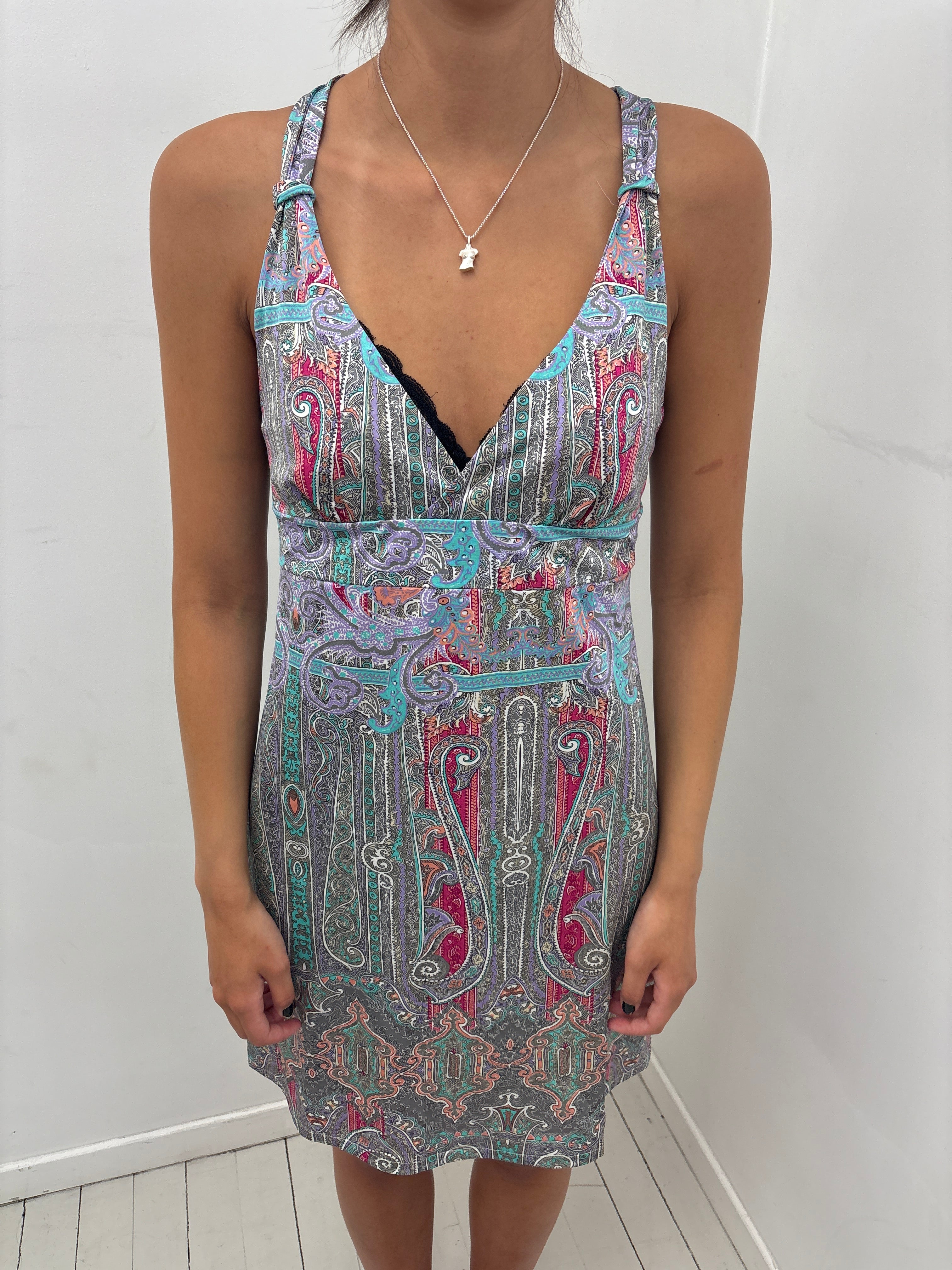 Paisley Print Slip Dress Cross Back Y2K