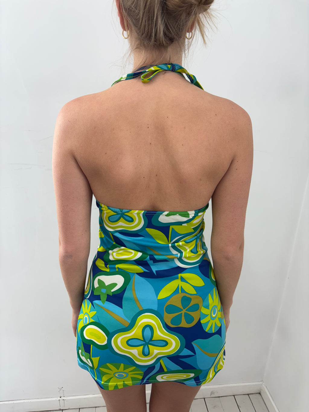 Retro Blue Green Halter Mini Dress