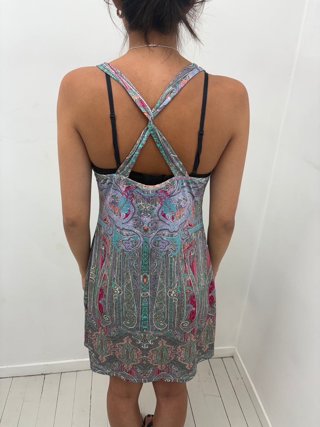 Paisley Print Slip Dress Cross Back Y2K