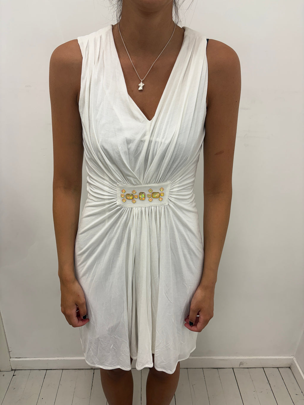 White Draped Dress Jeweled Waist Y2K
