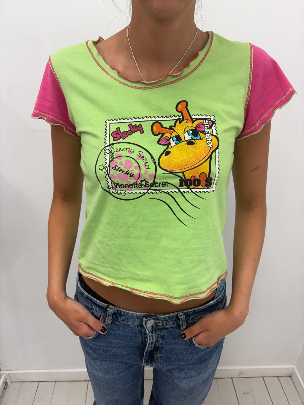 Y2K Lime Green Pink Sleeky Giraffe Graphic Tee