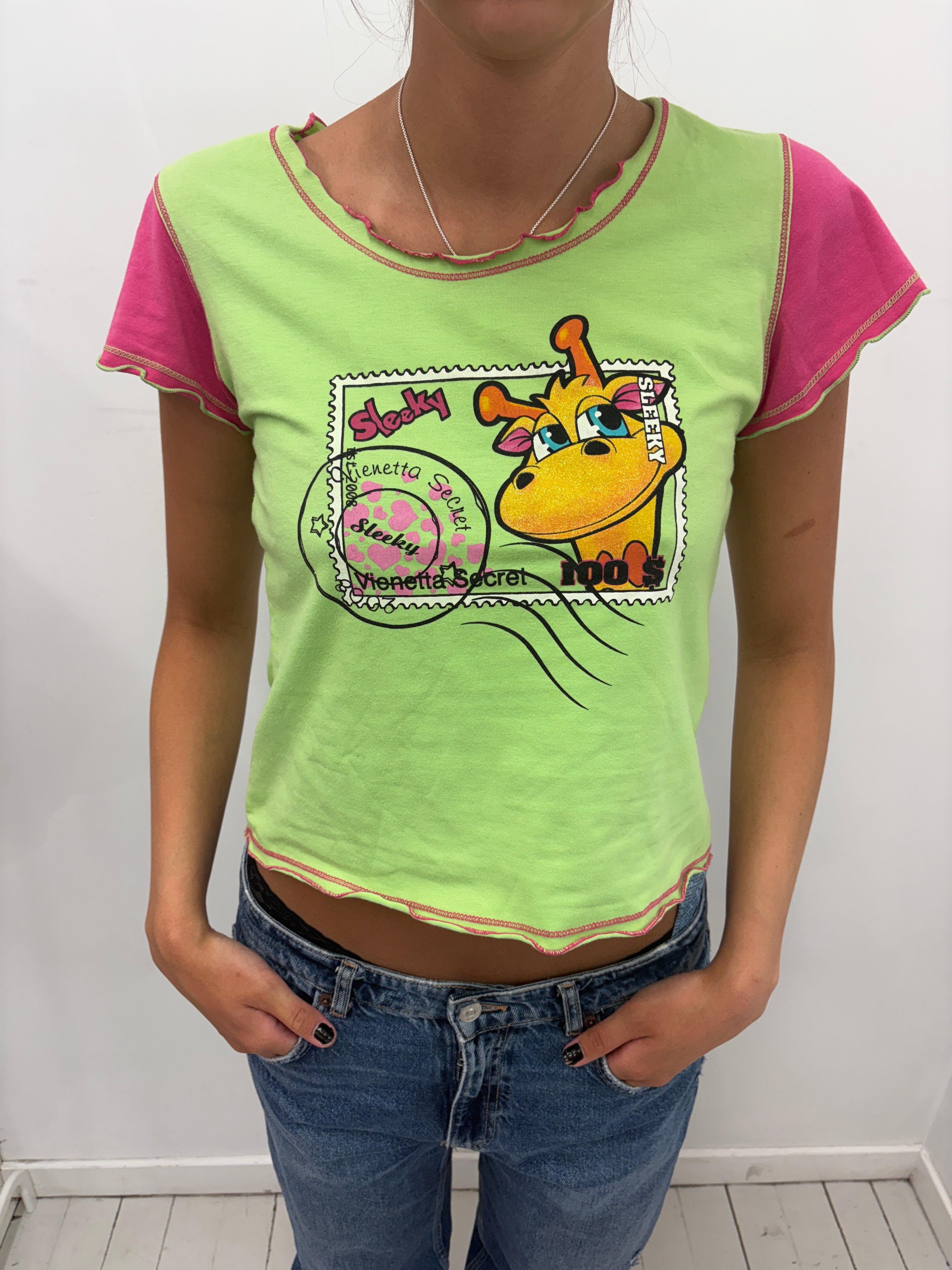 Y2K Lime Green Pink Sleeky Giraffe Graphic Tee