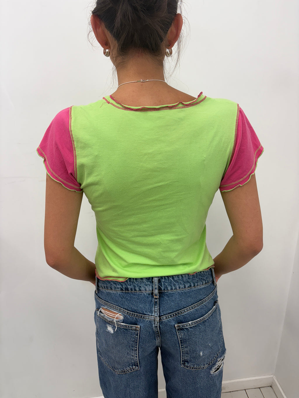Y2K Lime Green Pink Sleeky Giraffe Graphic Tee