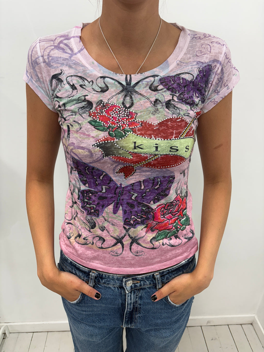 Y2K Burnout Butterfly Kiss Graphic Tee Pink Purple