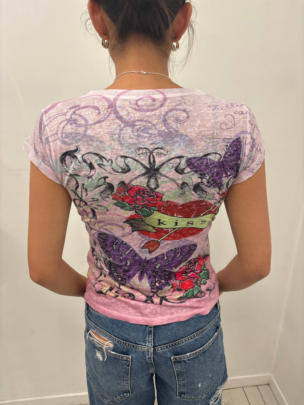 Y2K Burnout Butterfly Kiss Graphic Tee Pink Purple