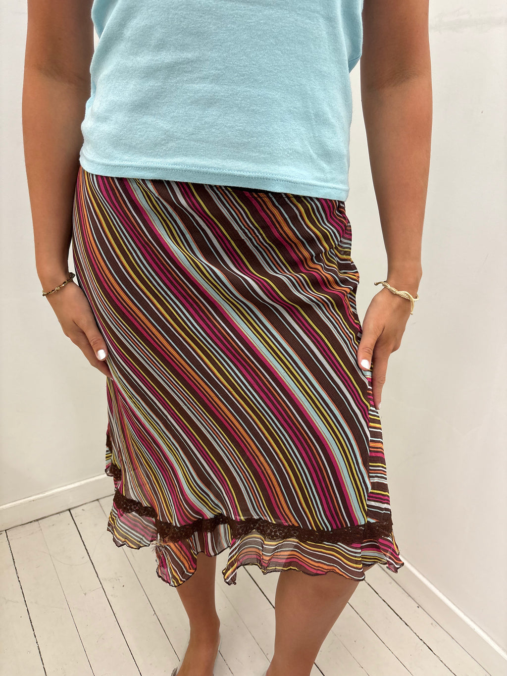 Diagonal Multicolour Stripe Lace Trim Midi Skirt