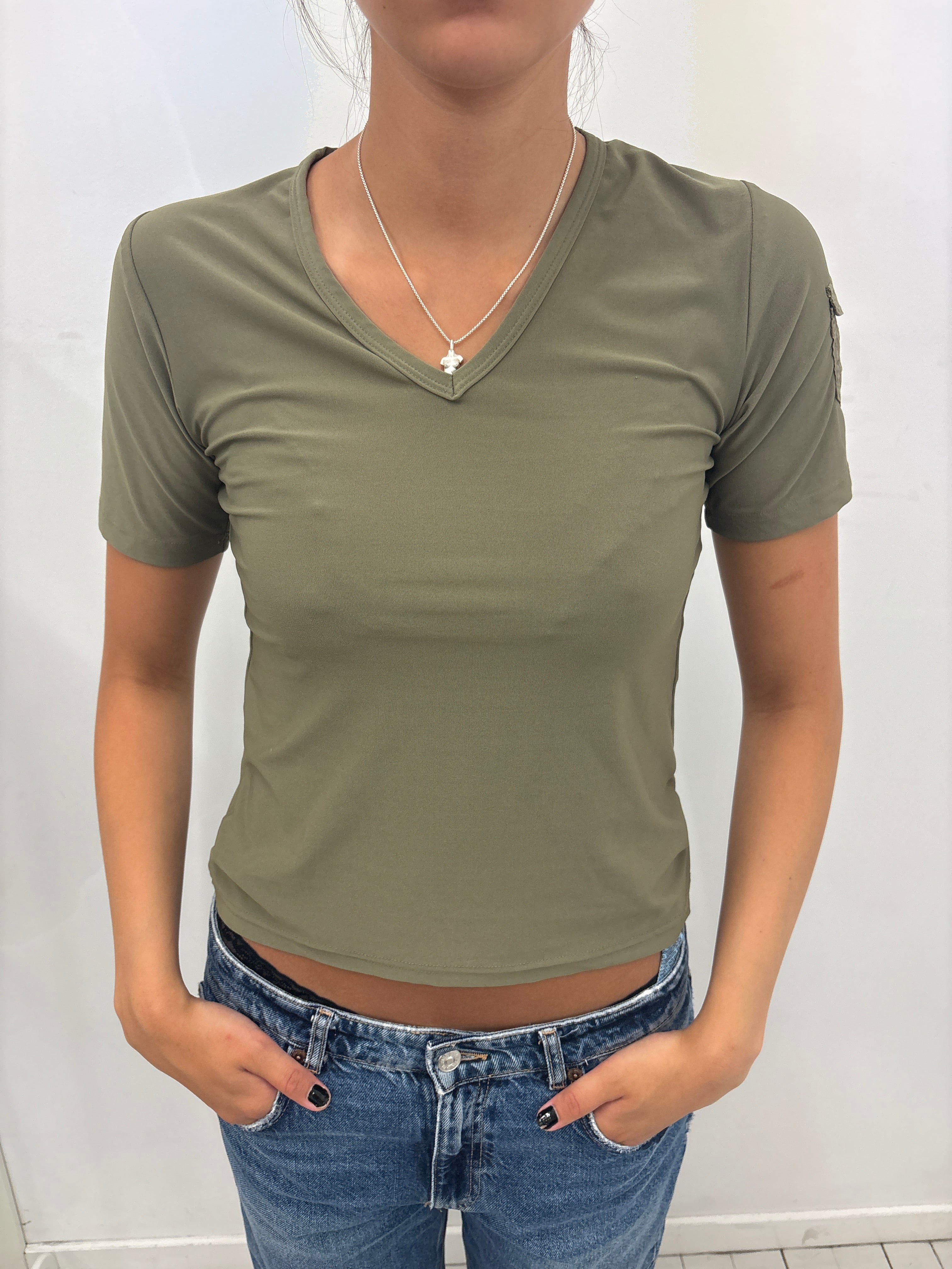 Olive Green V-Neck Fitted Tee with Cargo Pocket Patch