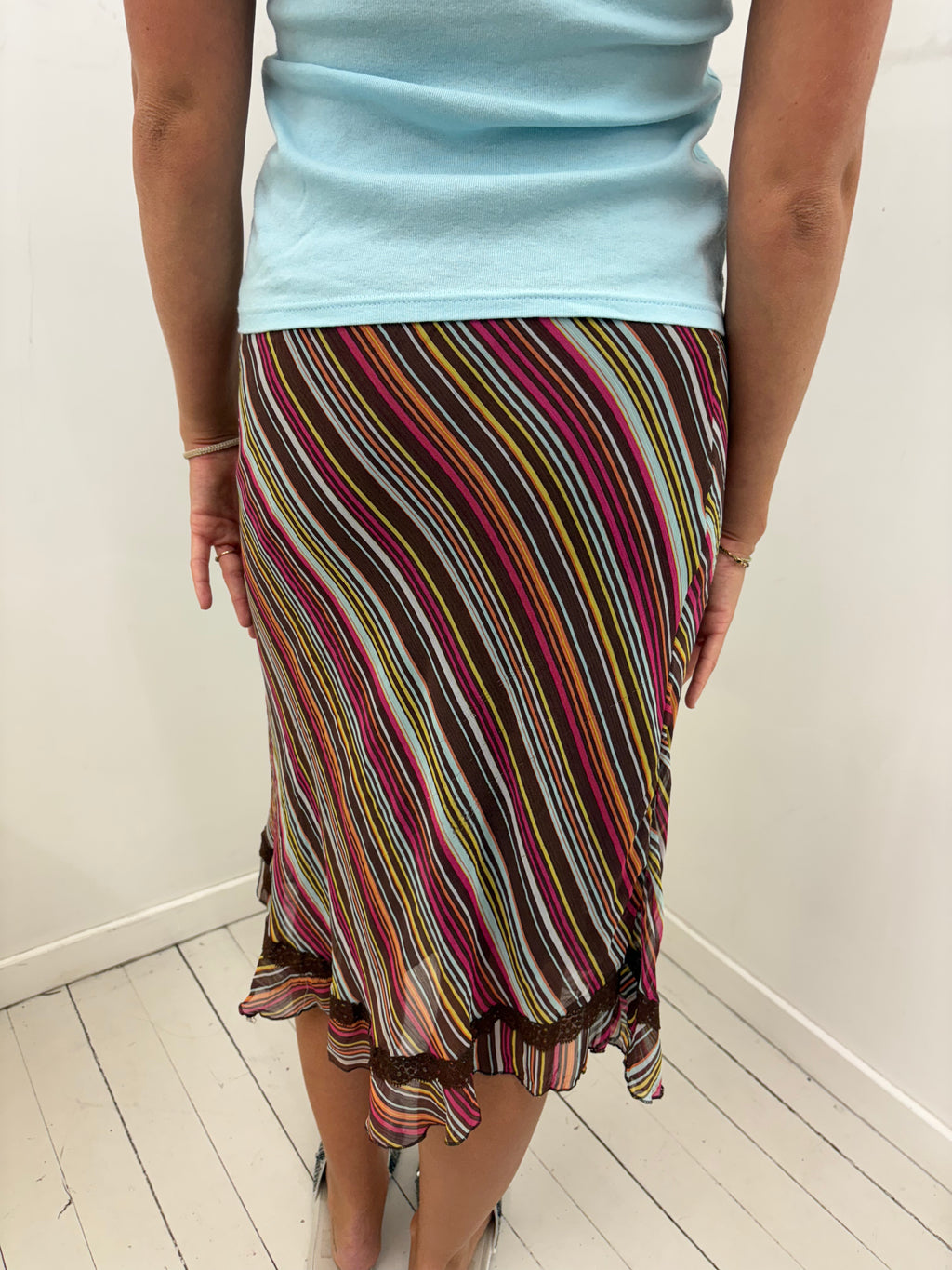 Diagonal Multicolour Stripe Lace Trim Midi Skirt