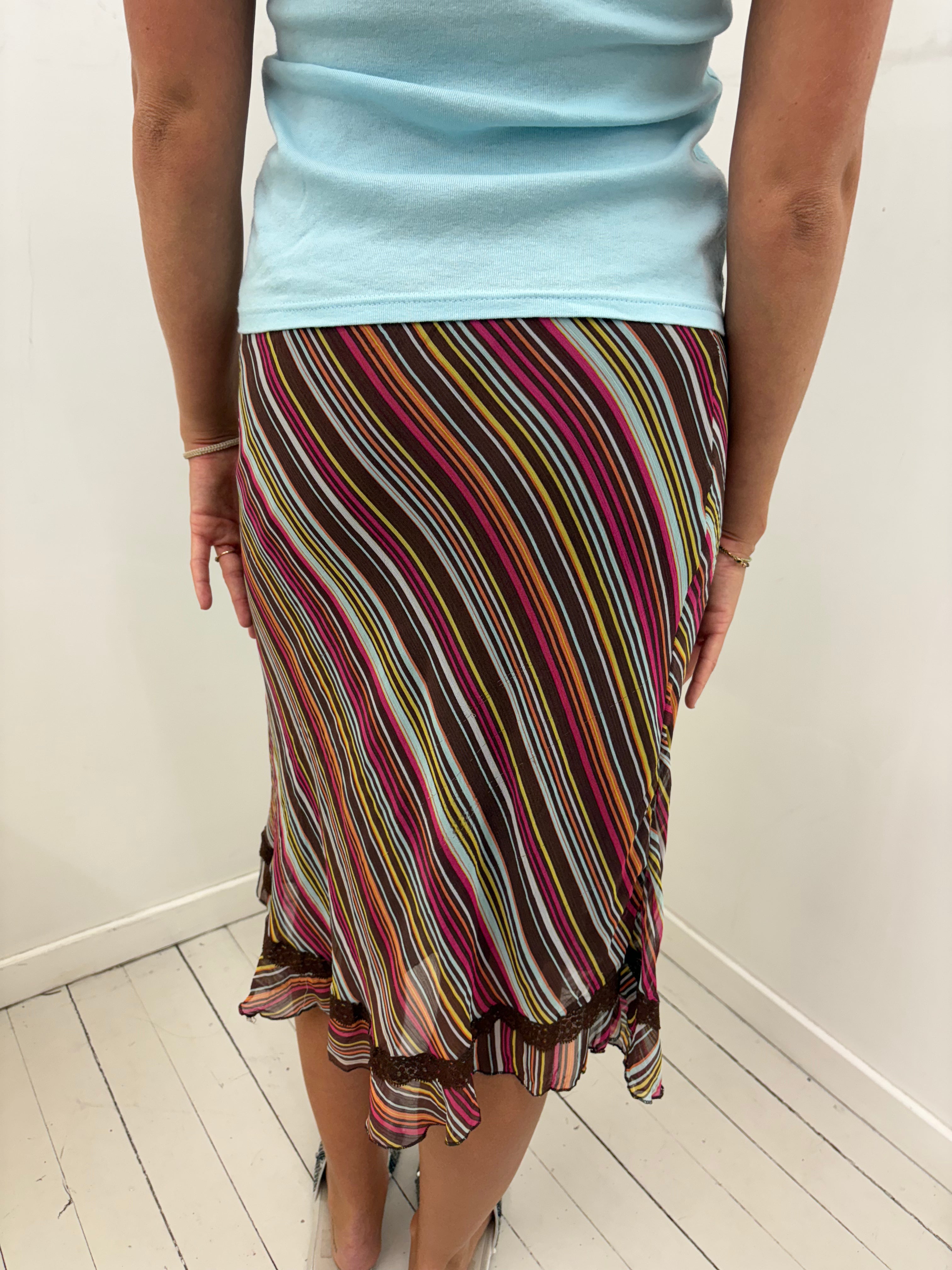 Diagonal Multicolour Stripe Lace Trim Midi Skirt