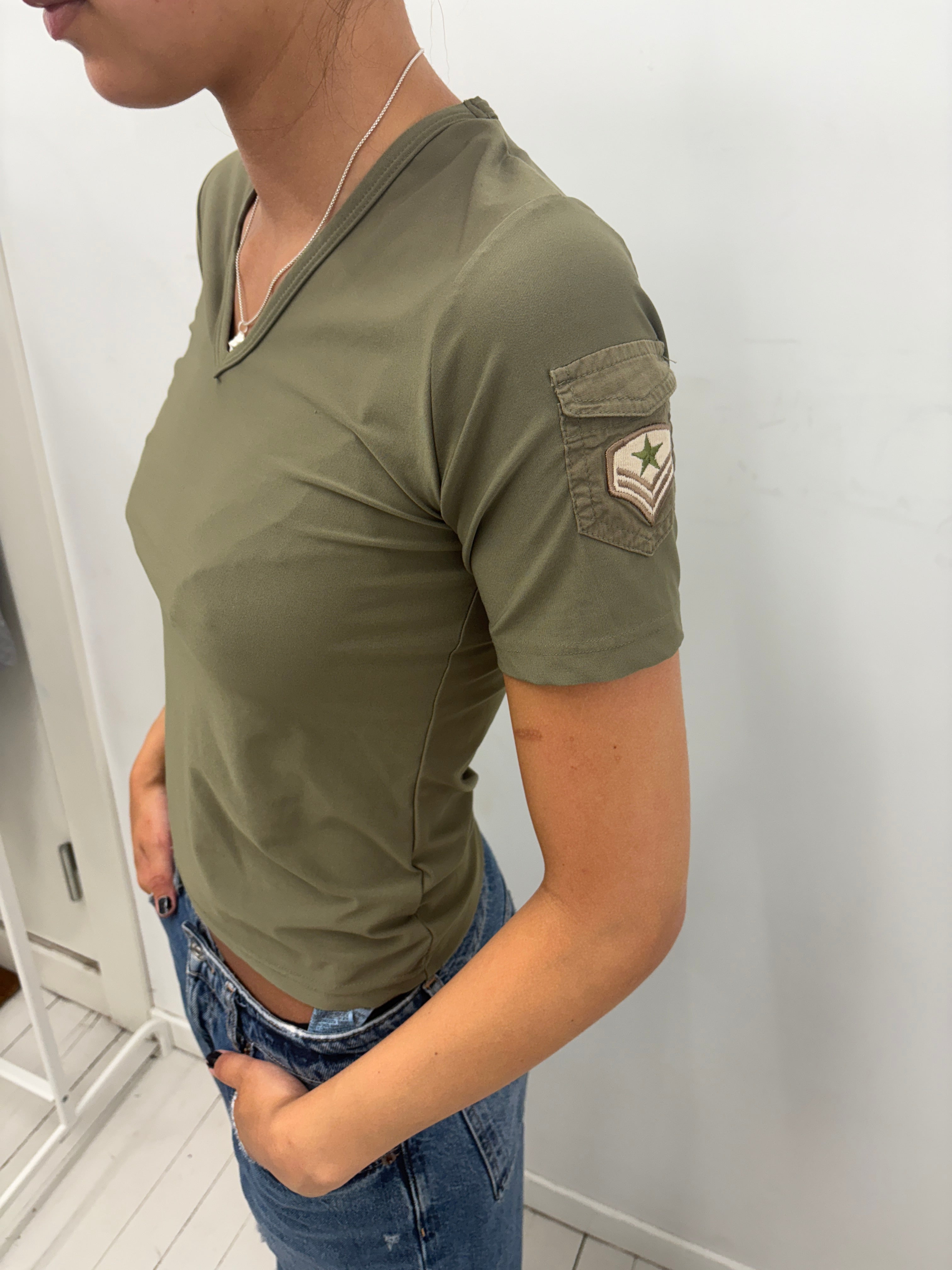 Olive Green V-Neck Fitted Tee with Cargo Pocket Patch