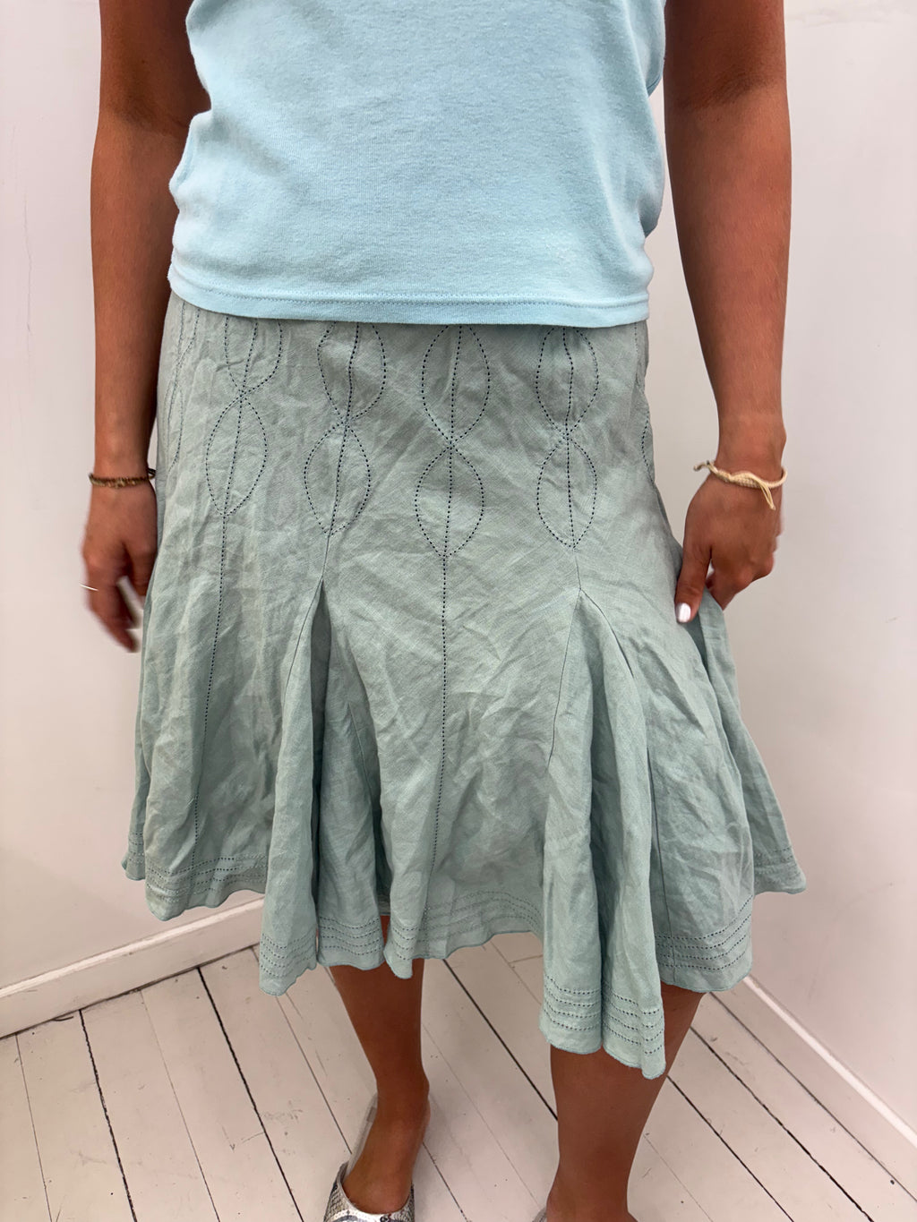 Sage Green Embroidered Flared Midi Skirt Vintage