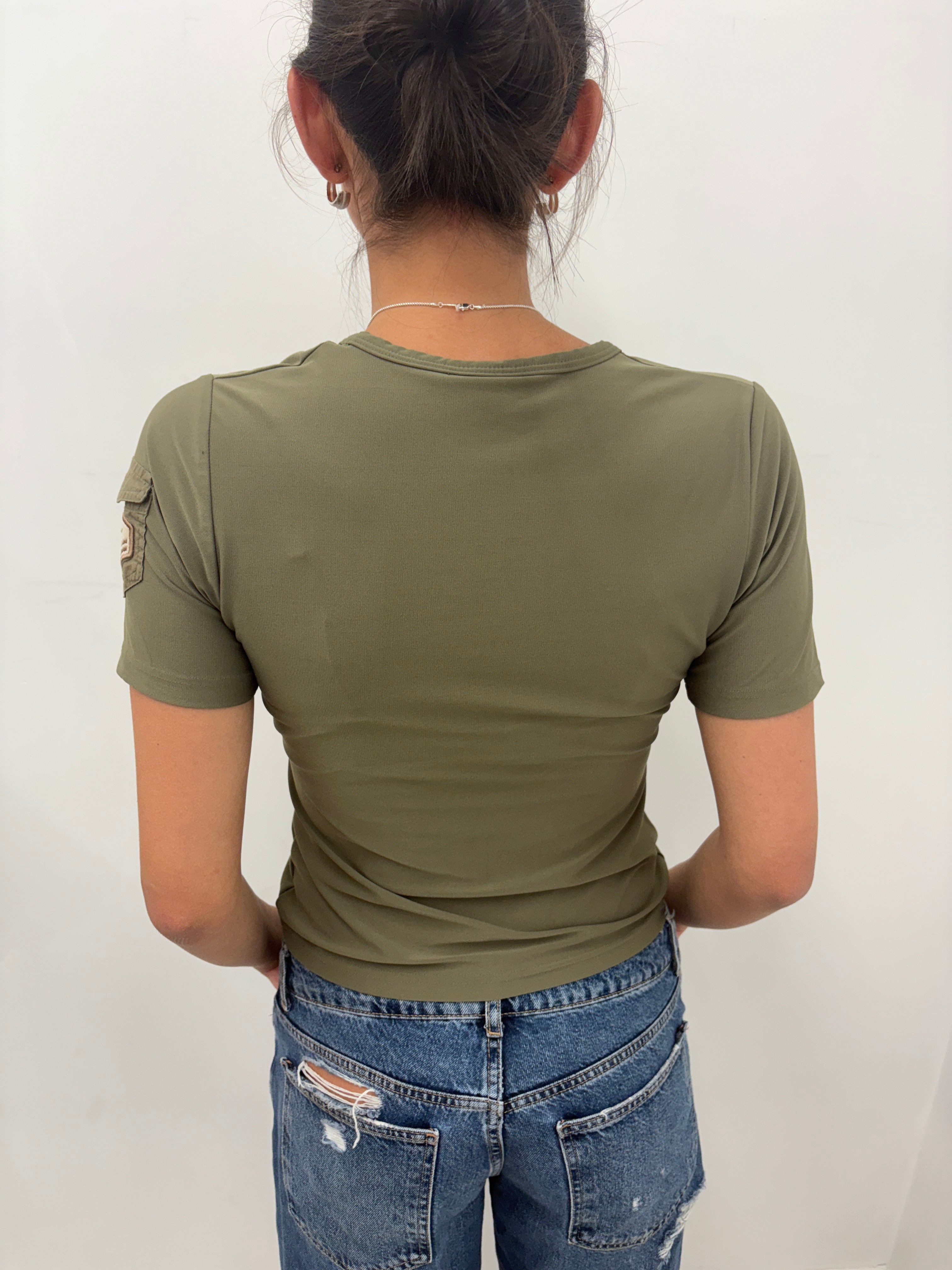 Olive Green V-Neck Fitted Tee with Cargo Pocket Patch