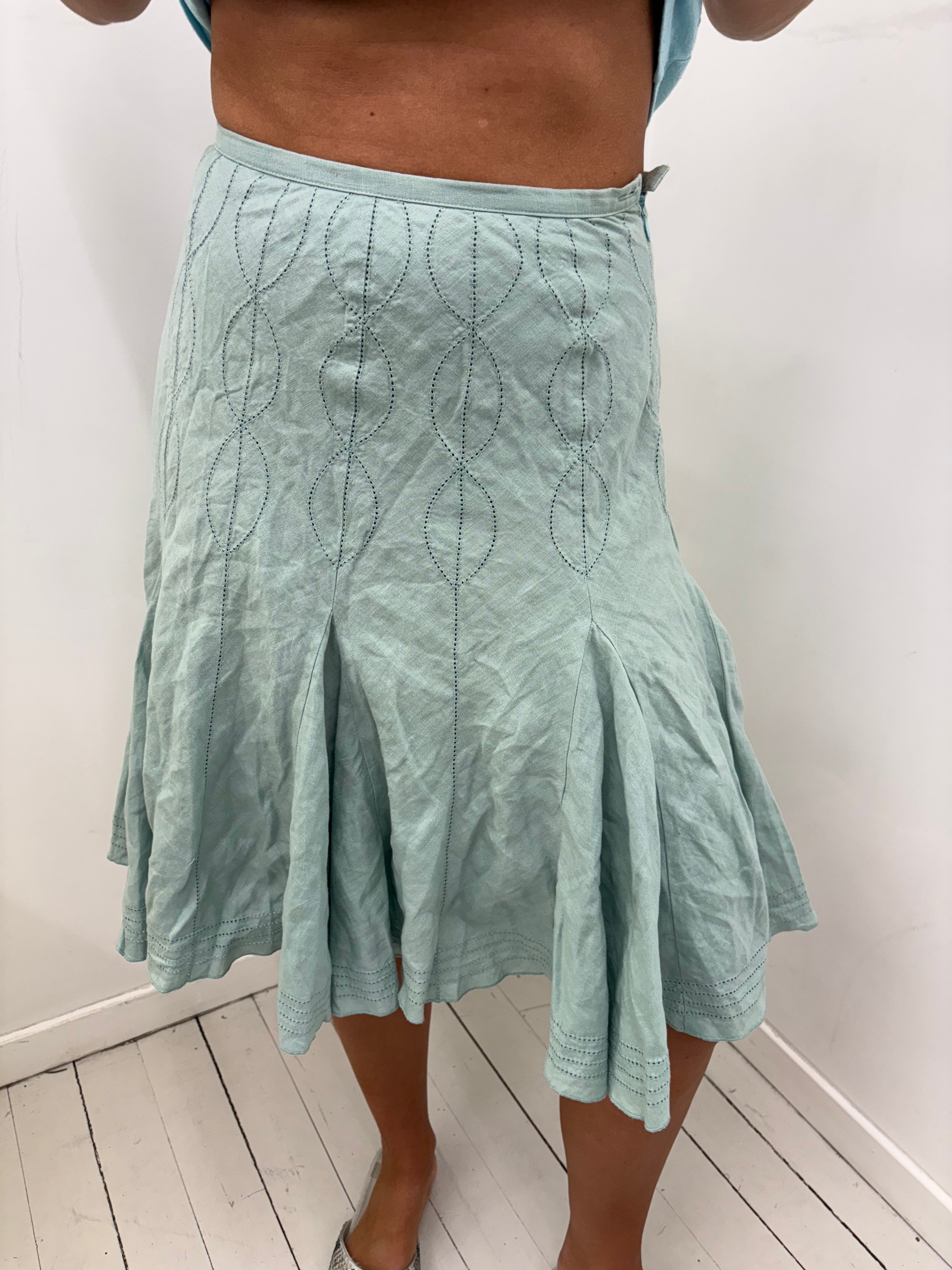 Sage Green Embroidered Flared Midi Skirt Vintage
