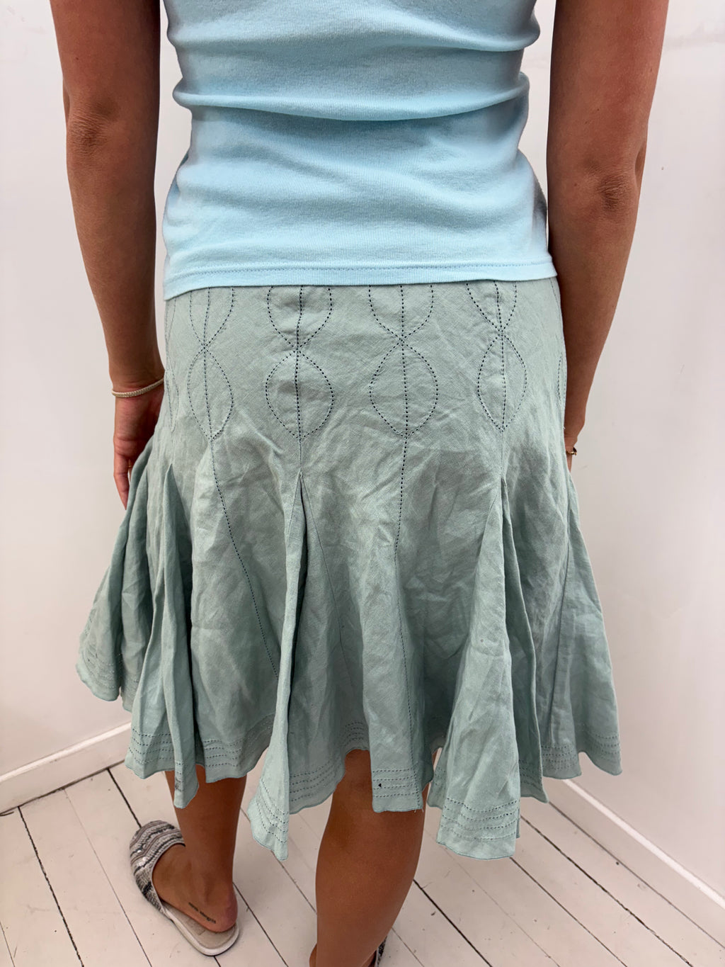 Sage Green Embroidered Flared Midi Skirt Vintage