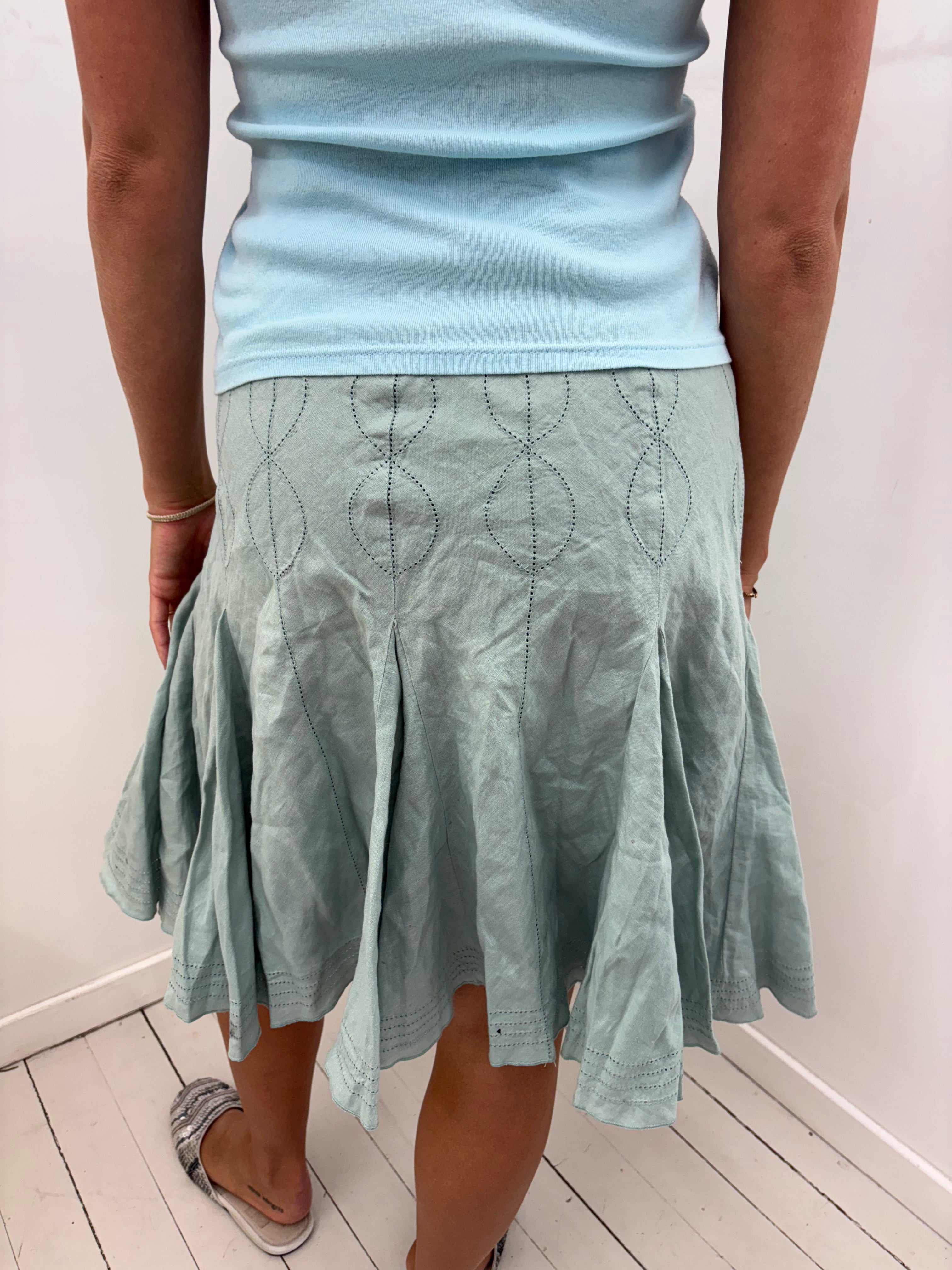 Sage Green Embroidered Flared Midi Skirt Vintage