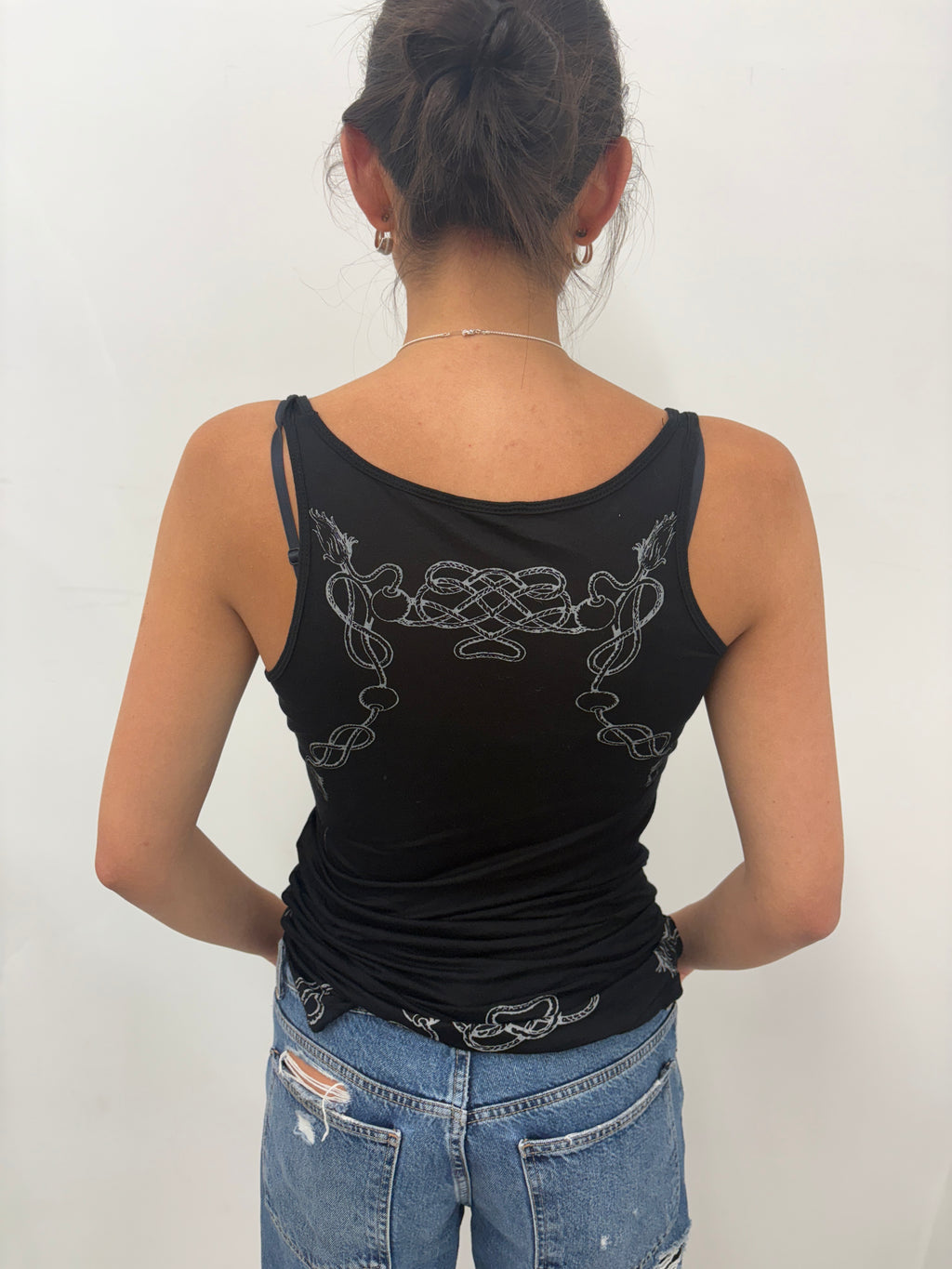 Black Guess Rhinestone Logo Chain Print Tank Top