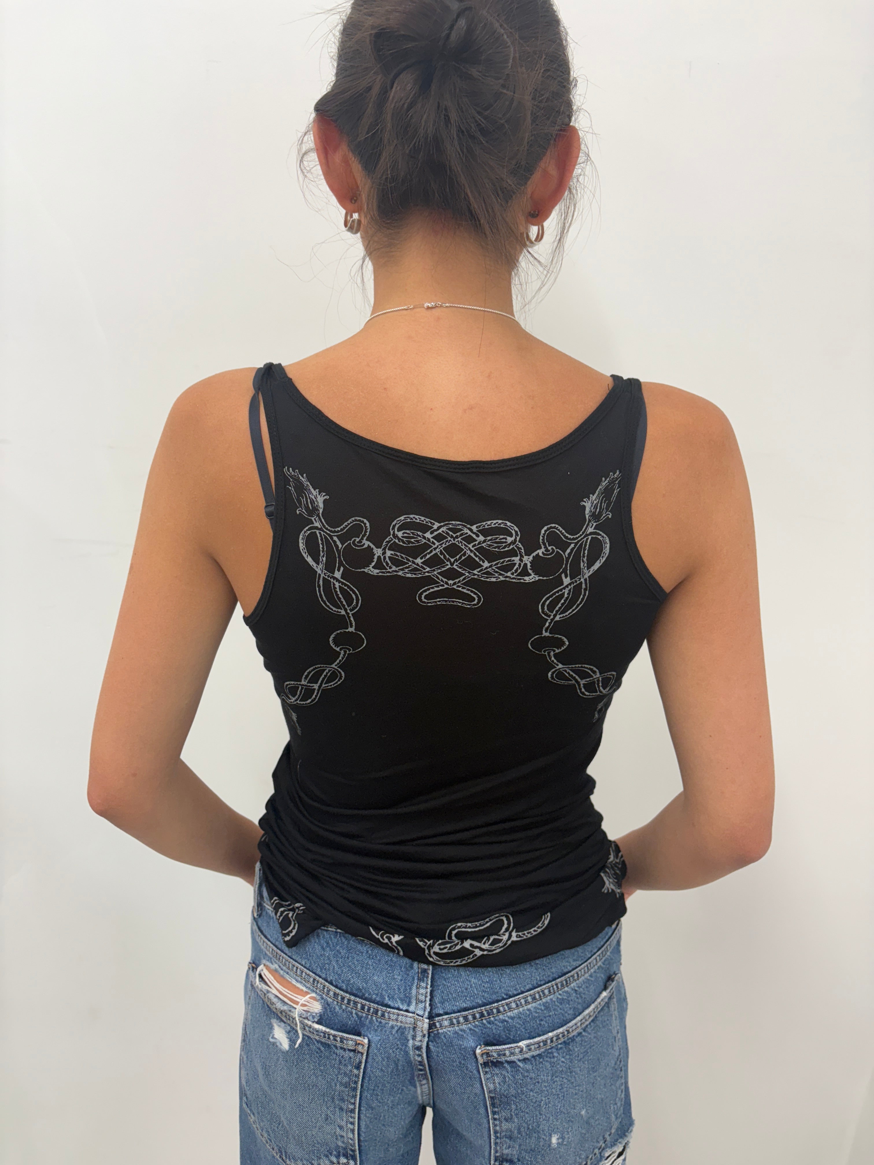 Black Guess Rhinestone Logo Chain Print Tank Top