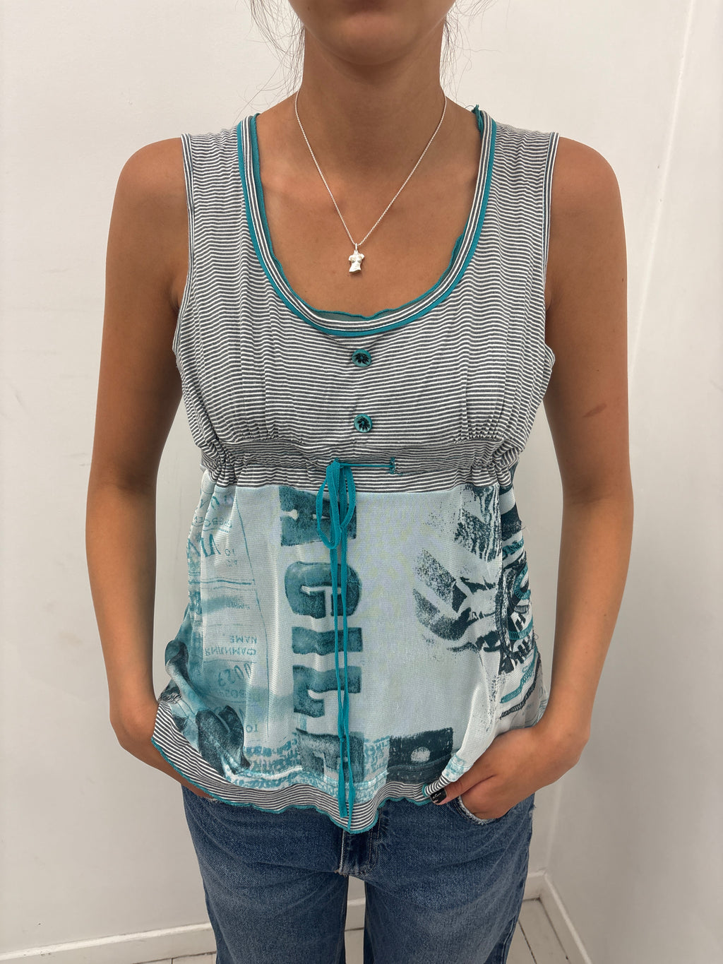 Grey Teal Striped Button Front Drawstring Tank Top