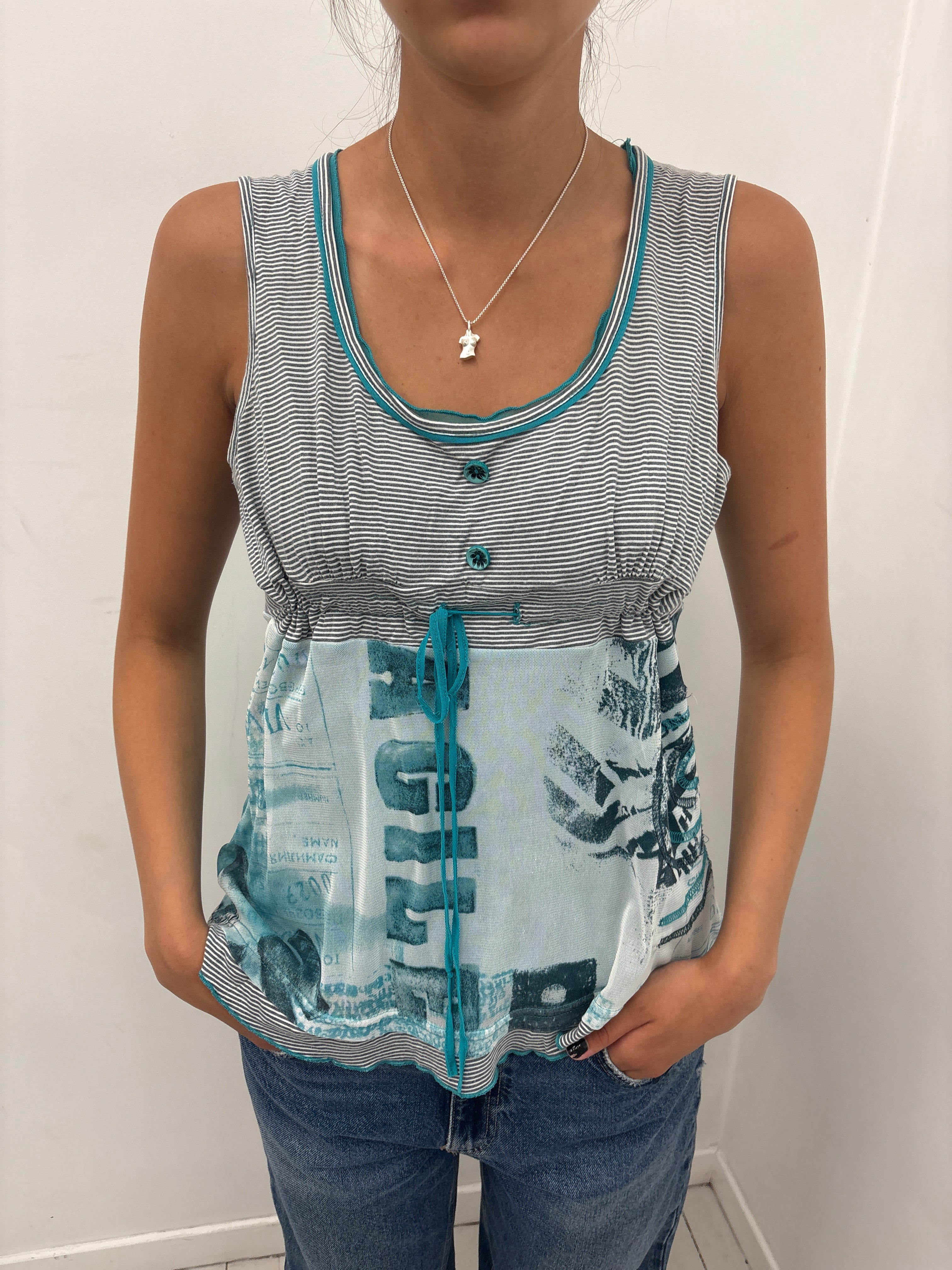 Grey Teal Striped Button Front Drawstring Tank Top