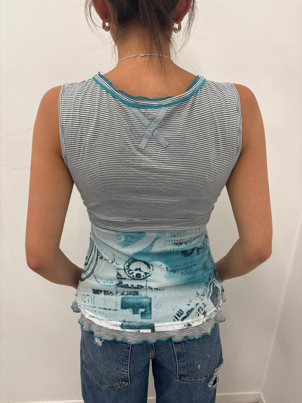 Grey Teal Striped Button Front Drawstring Tank Top