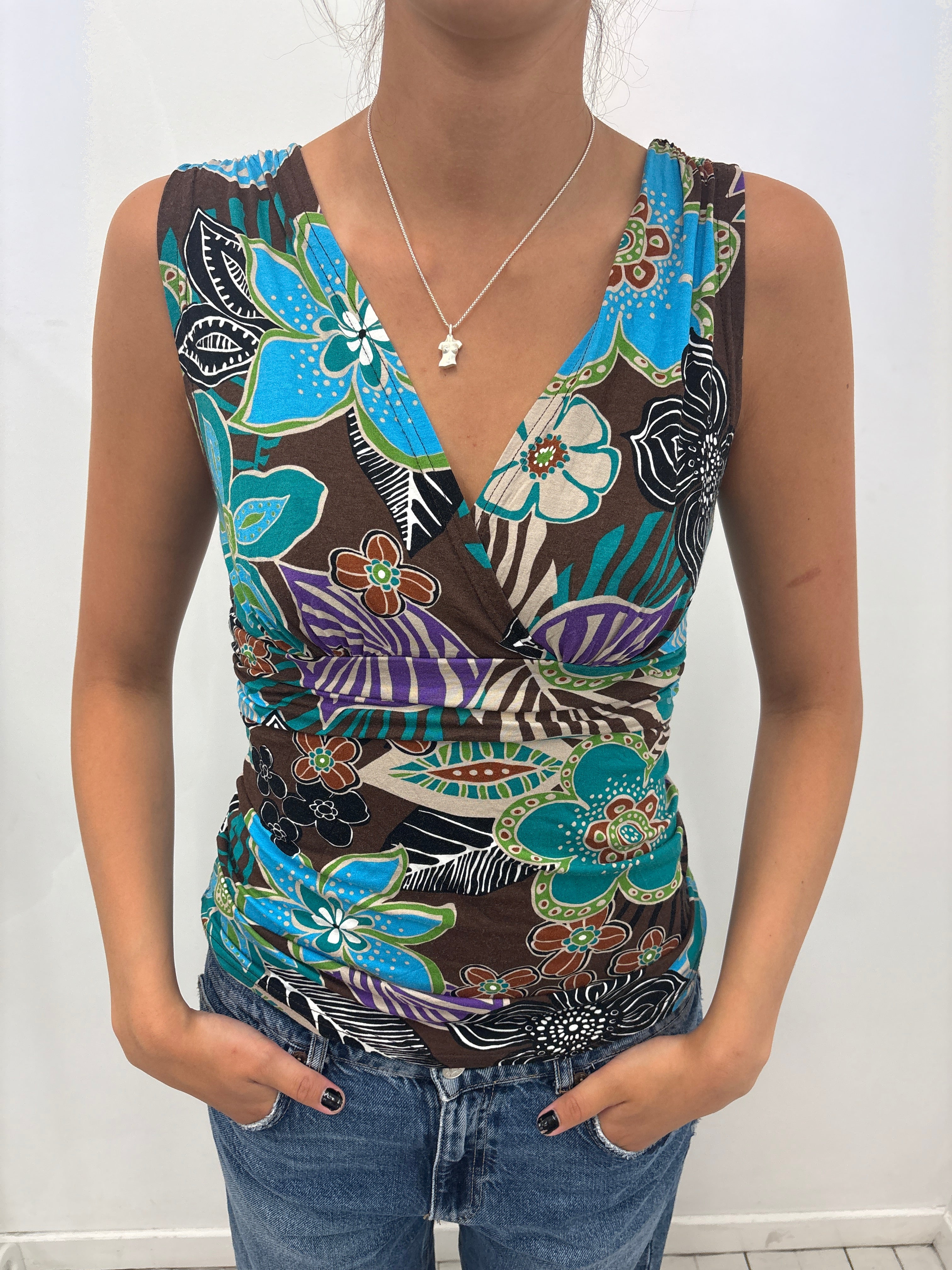 Brown Blue Floral Zebra Print Wrap Top